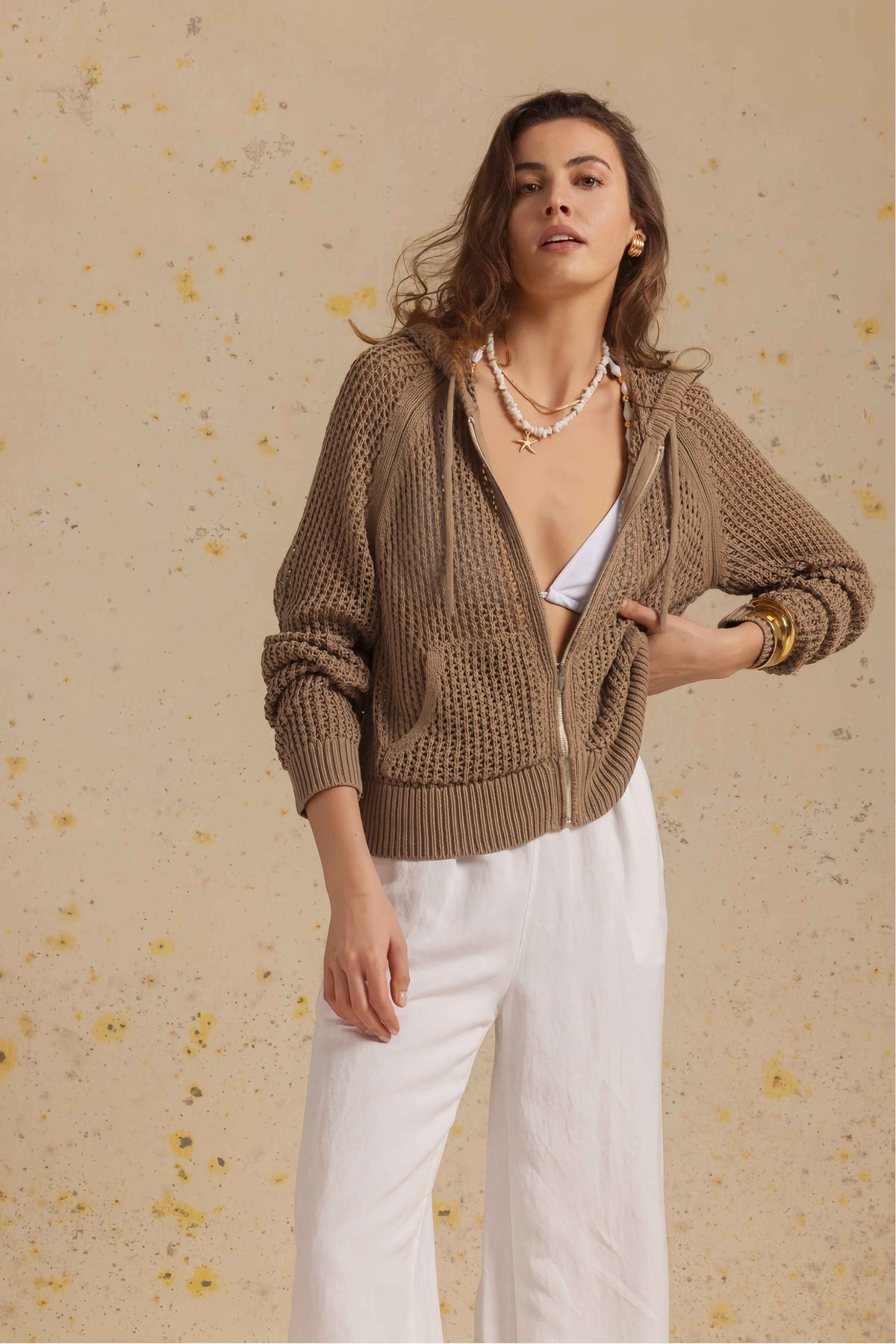 Marian Cotton Open Stitch Cropped Hoodie