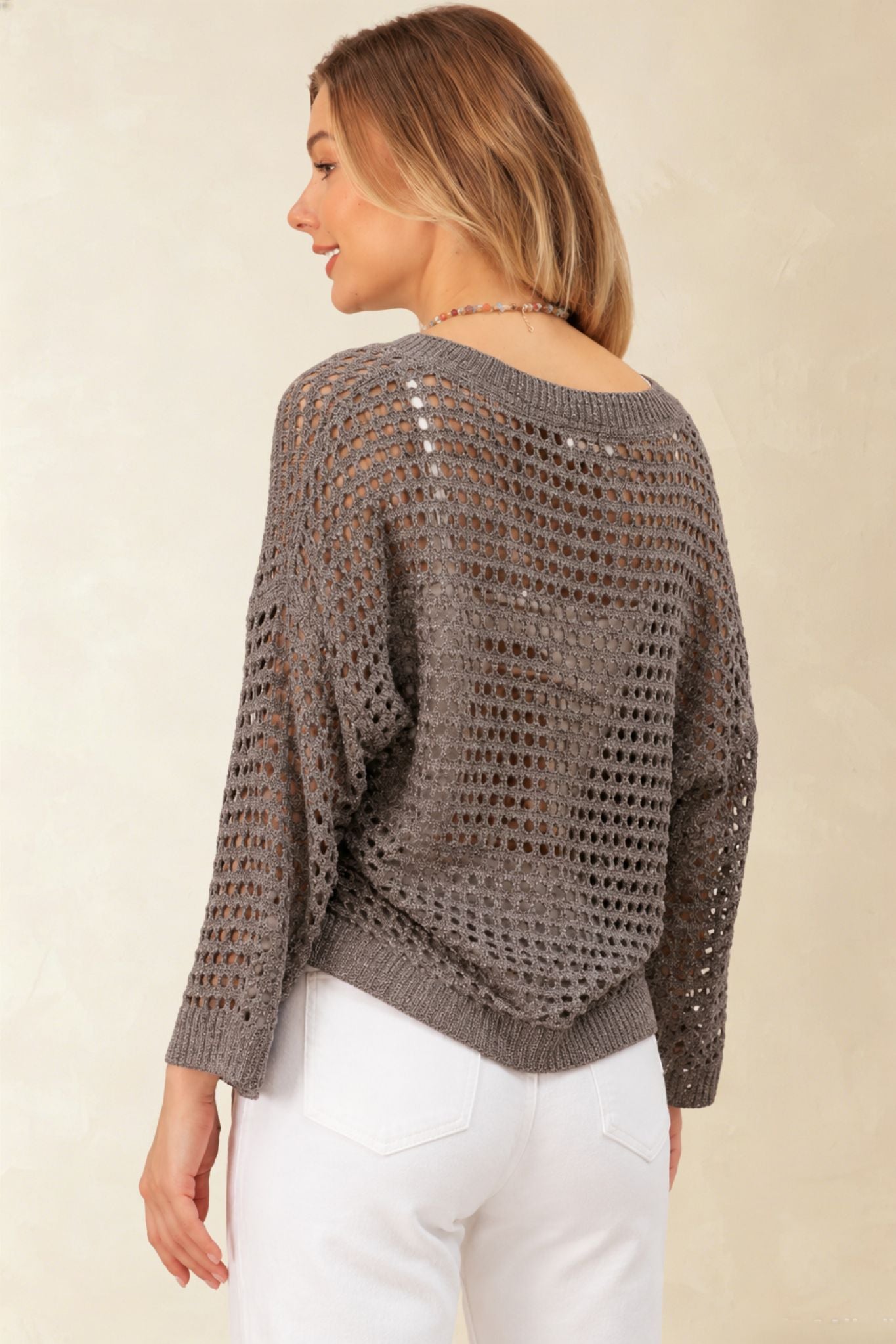 Elcy Sequin Open Stitch V Neck Knit Top