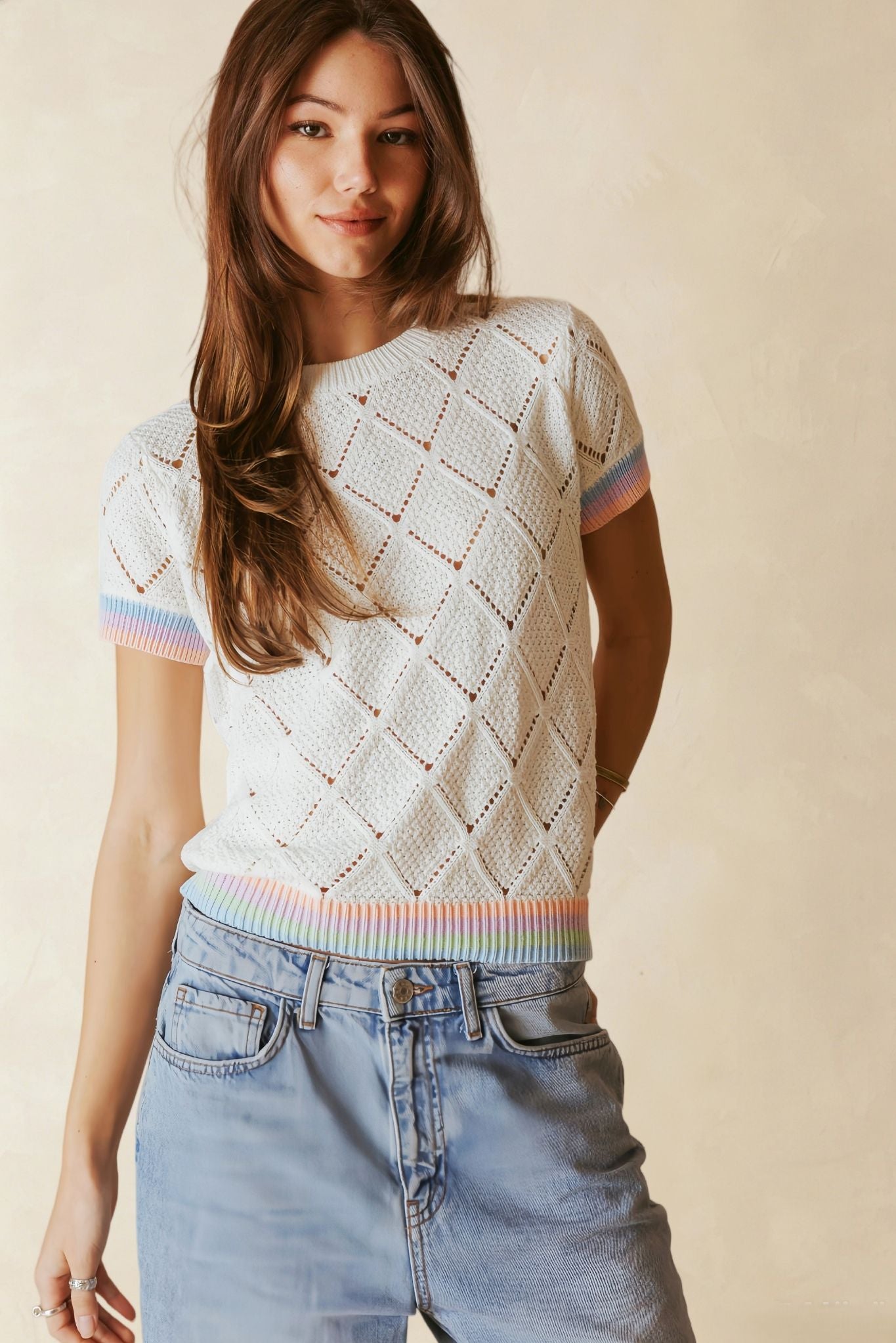 Adriel Cotton Pointelle Top with Striped Trims