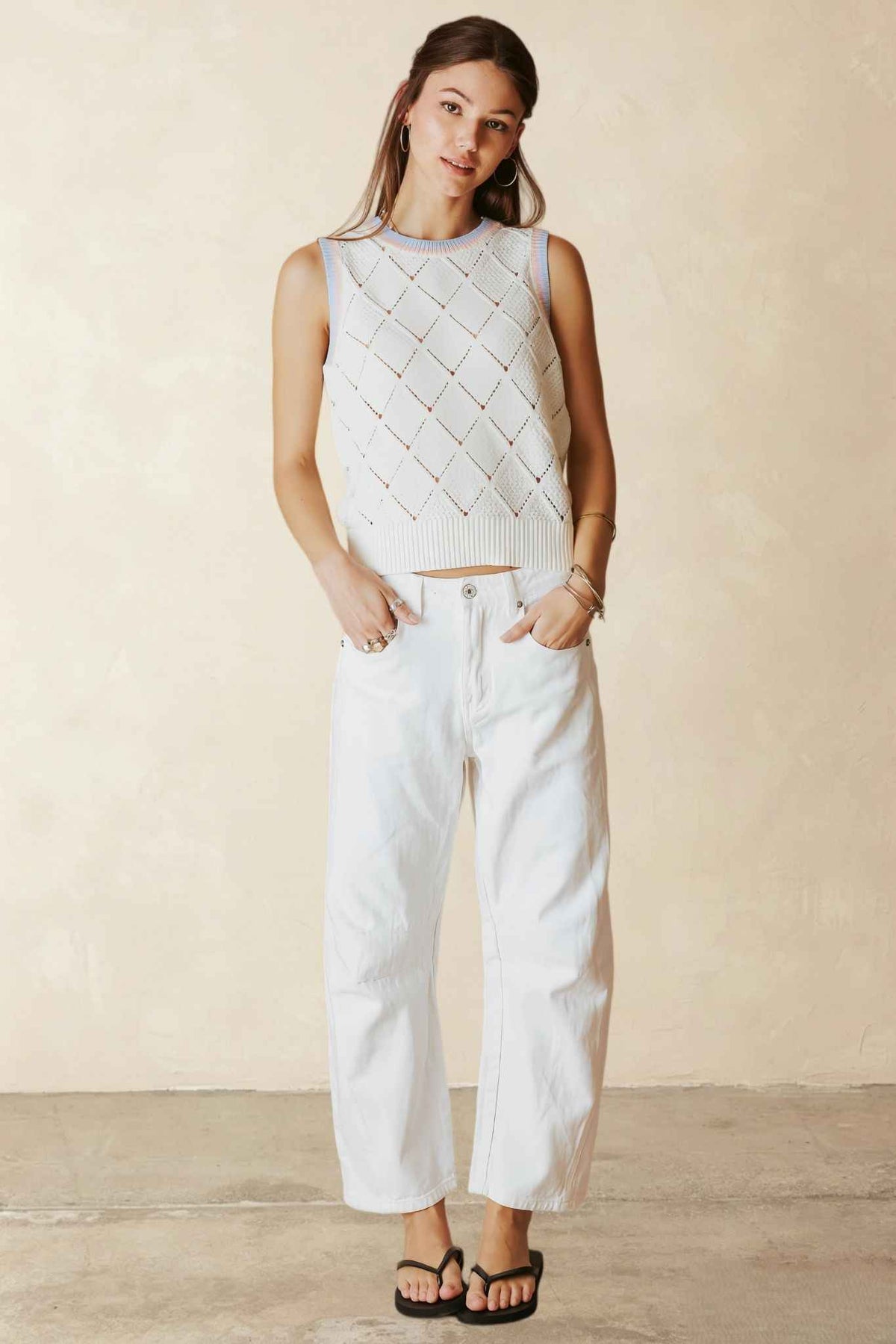 Ayah Texture Cotton Tank with Multi Stripe Trim