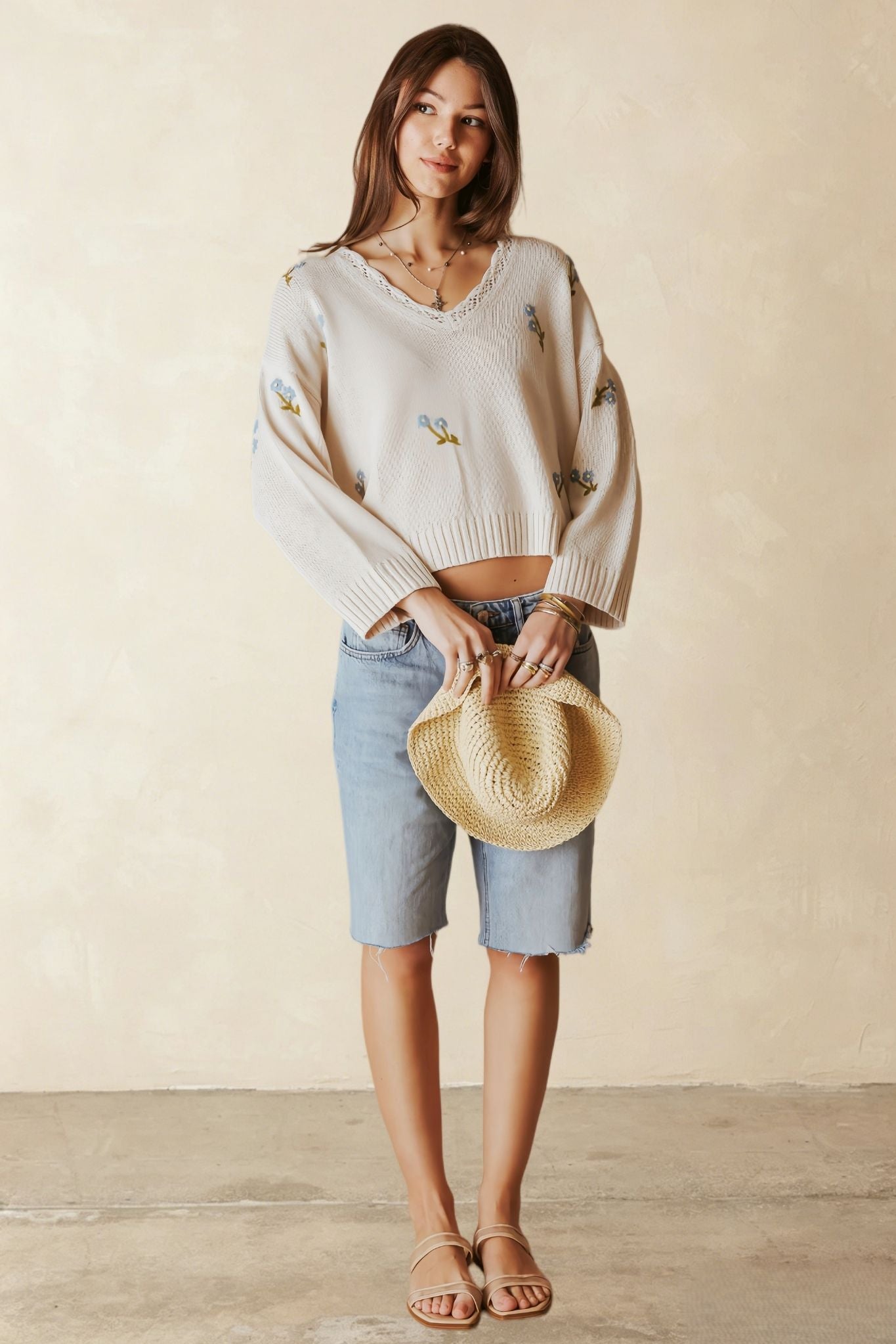 Gelina Linen Blend V neck with Floral Embroidery