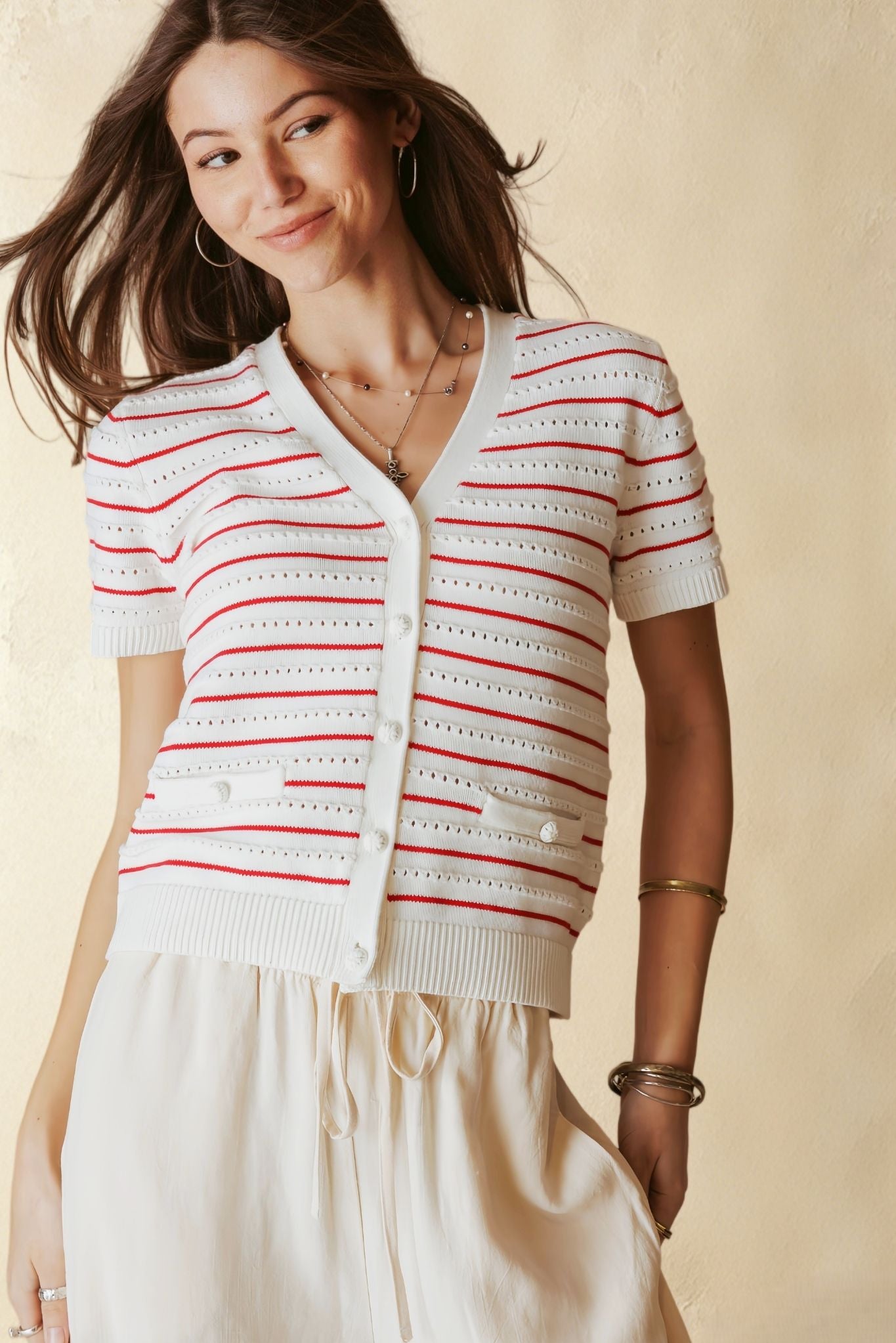 Yelena Cotton Short Sleeve Stripe Cardigan