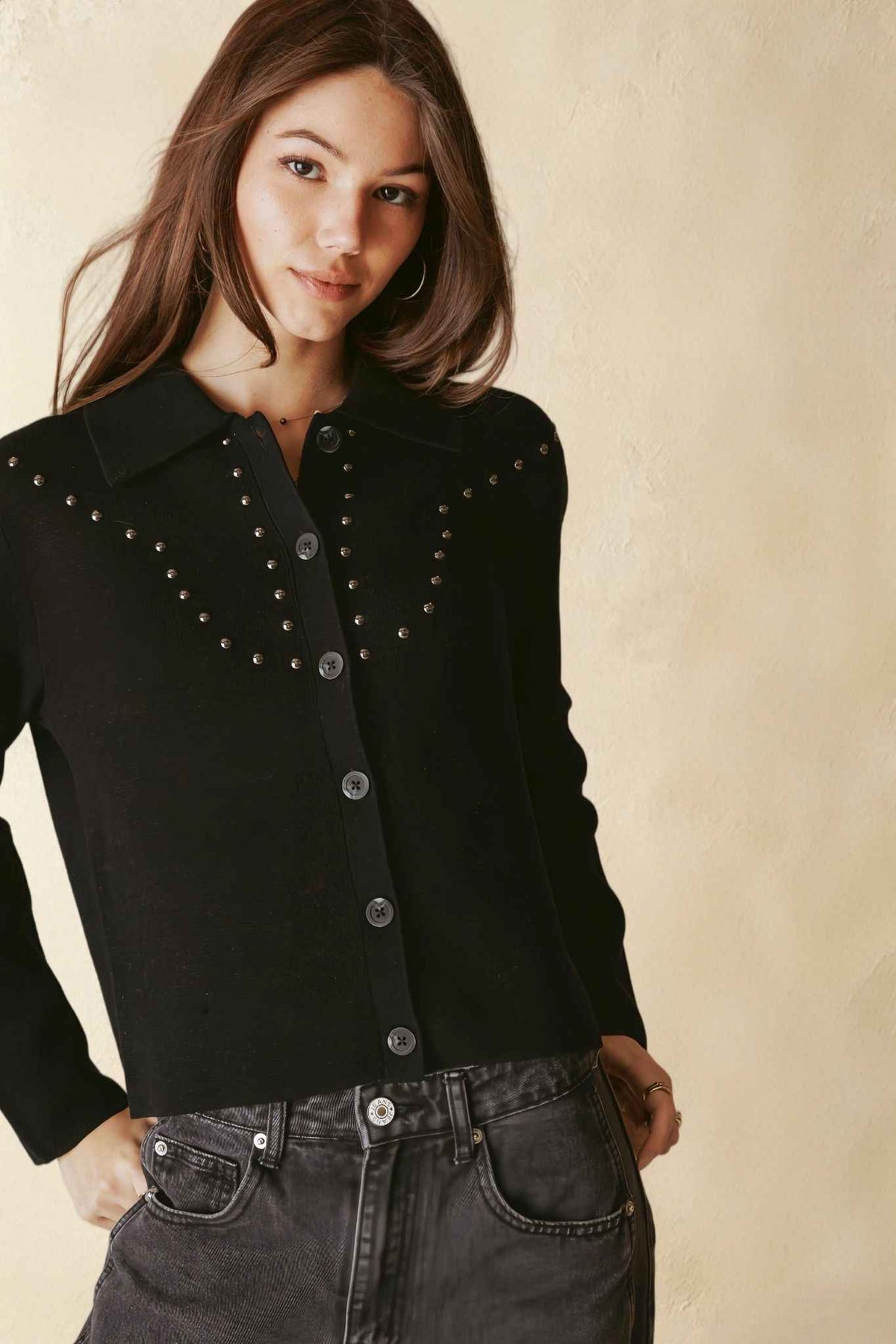 Theresa Studded Collar Knit Jacket