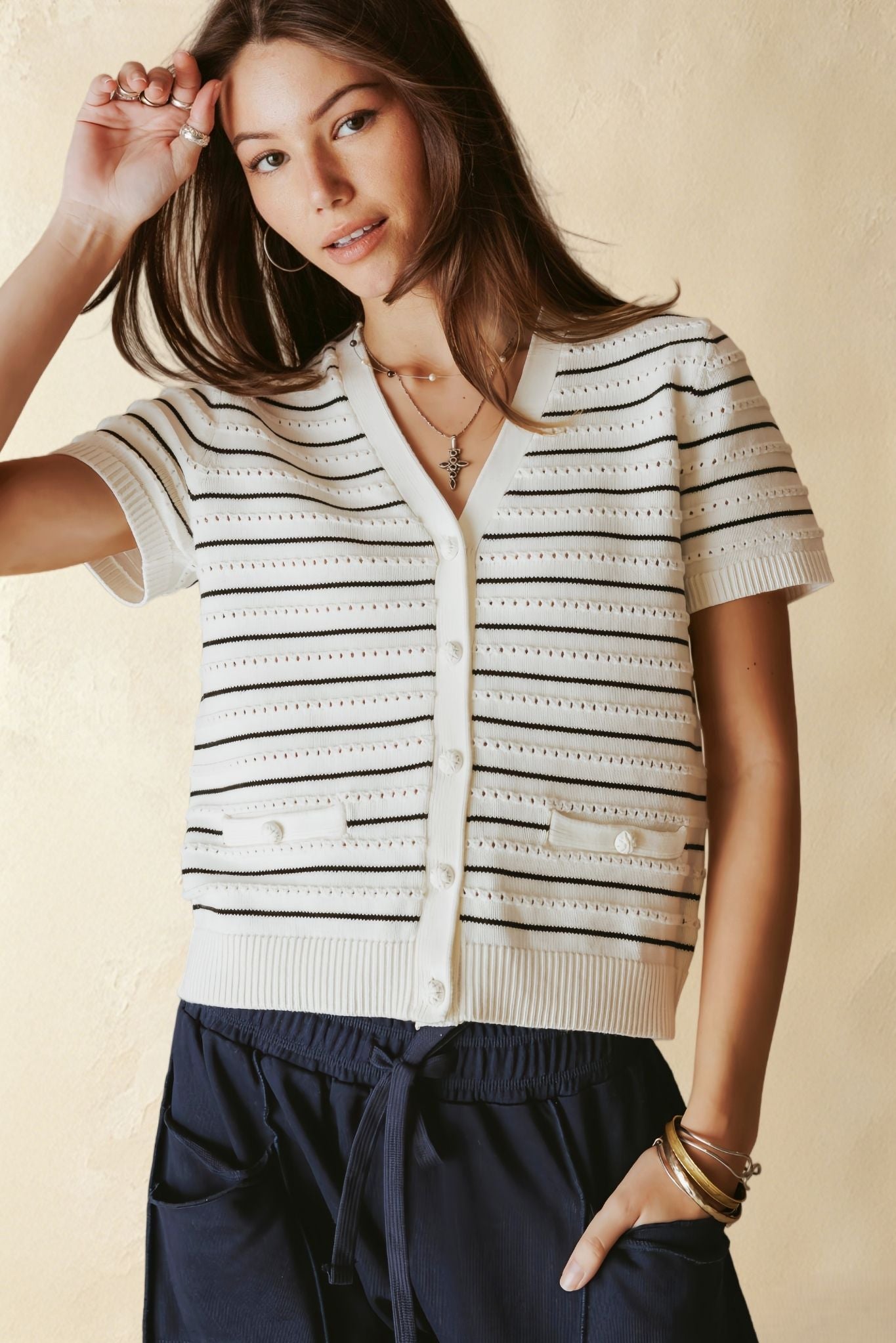 Yelena Cotton Short Sleeve Stripe Cardigan