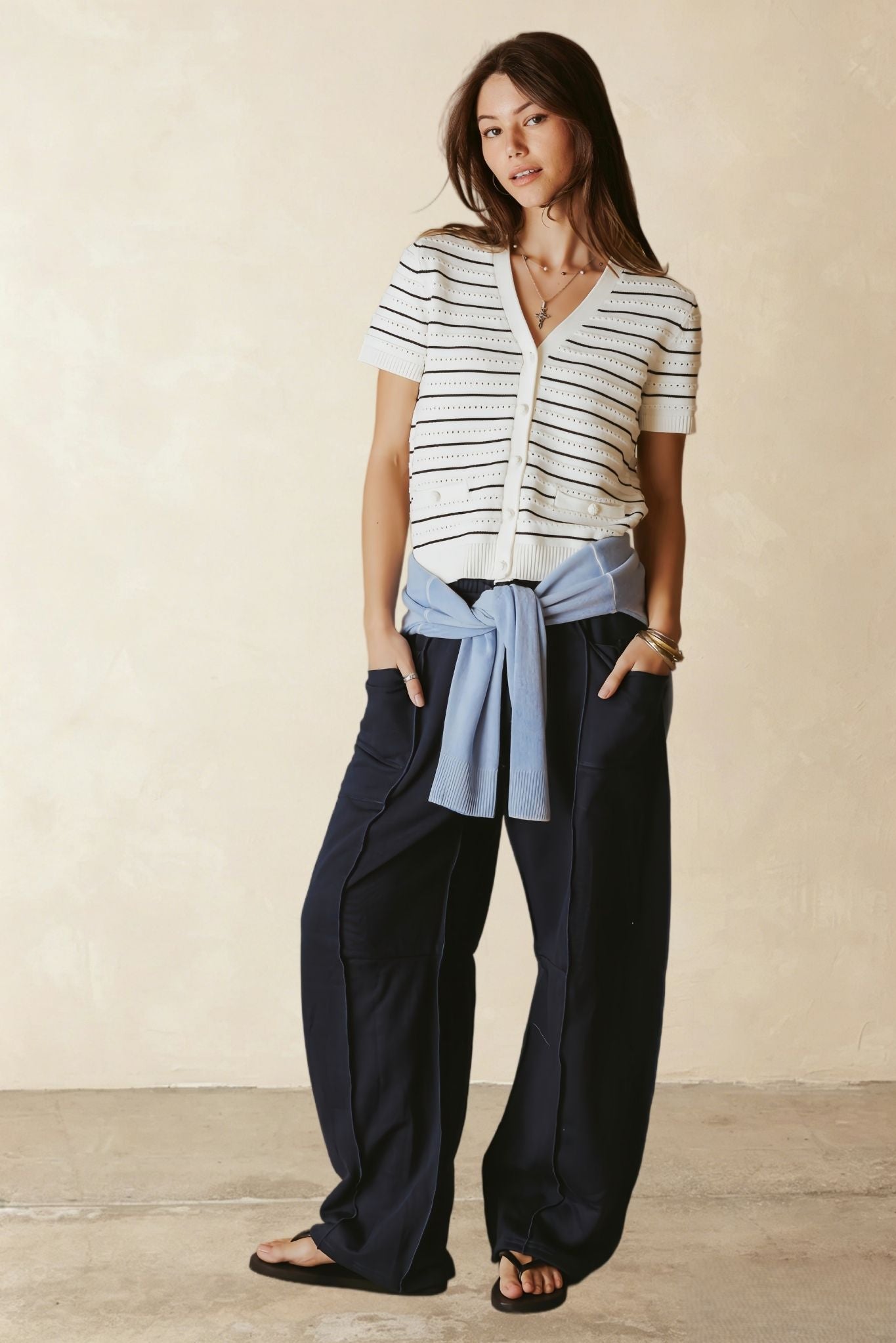 Yelena Cotton Short Sleeve Stripe Cardigan