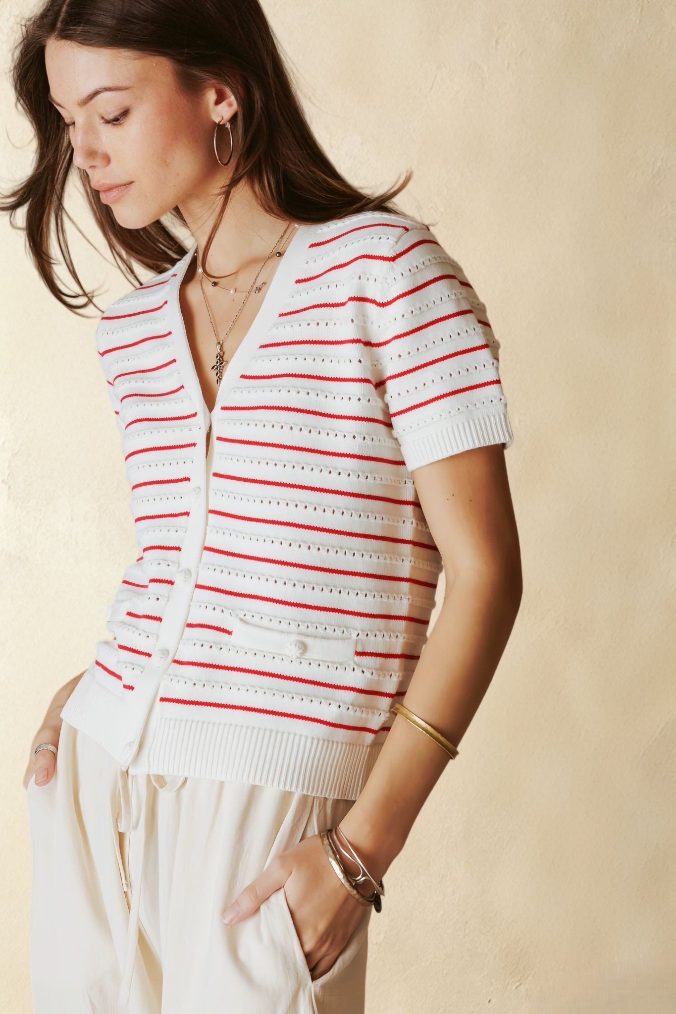 Yelena Cotton Short Sleeve Stripe Cardigan