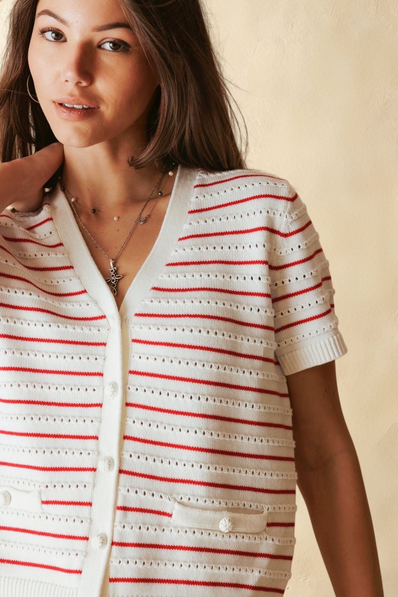 Yelena Cotton Short Sleeve Stripe Cardigan