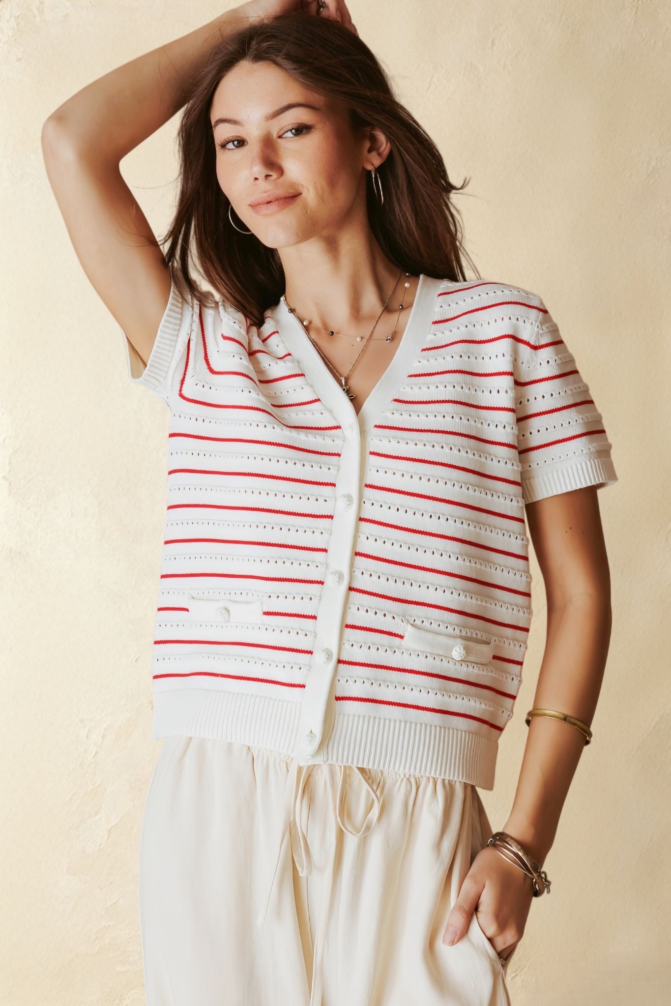Yelena Cotton Short Sleeve Stripe Cardigan