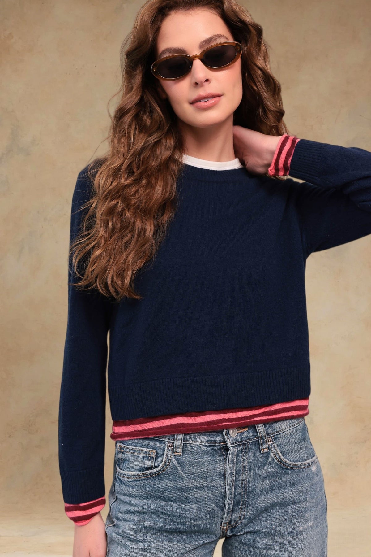 Cambrie Cashmere Contrast Stripe-Trim Pullover