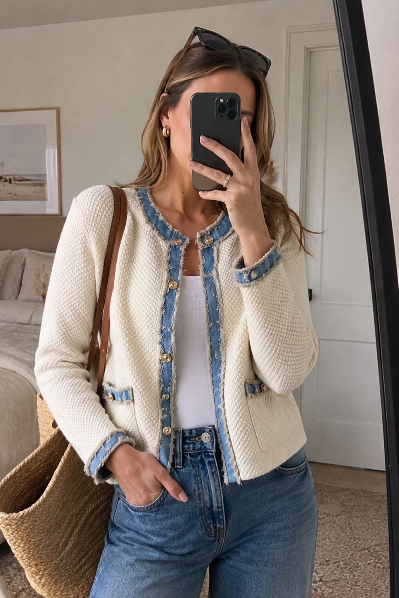 Sutton Cotton Lady Cardiga with Denim Trim