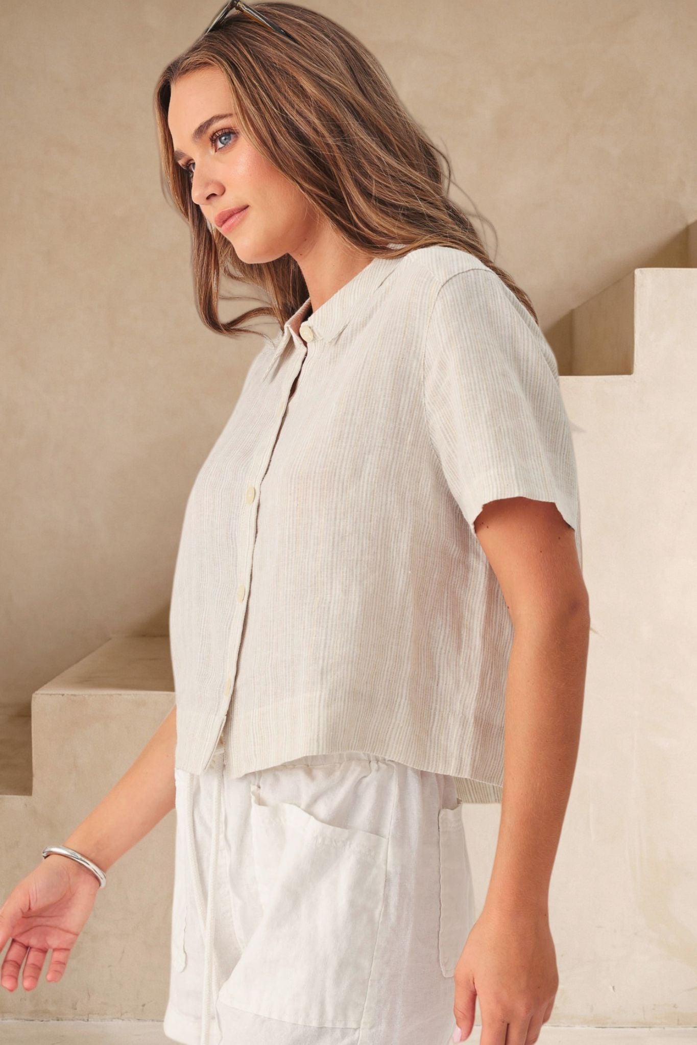 Sole Short Sleeve Lurex Pi Stripe Crop Shirt