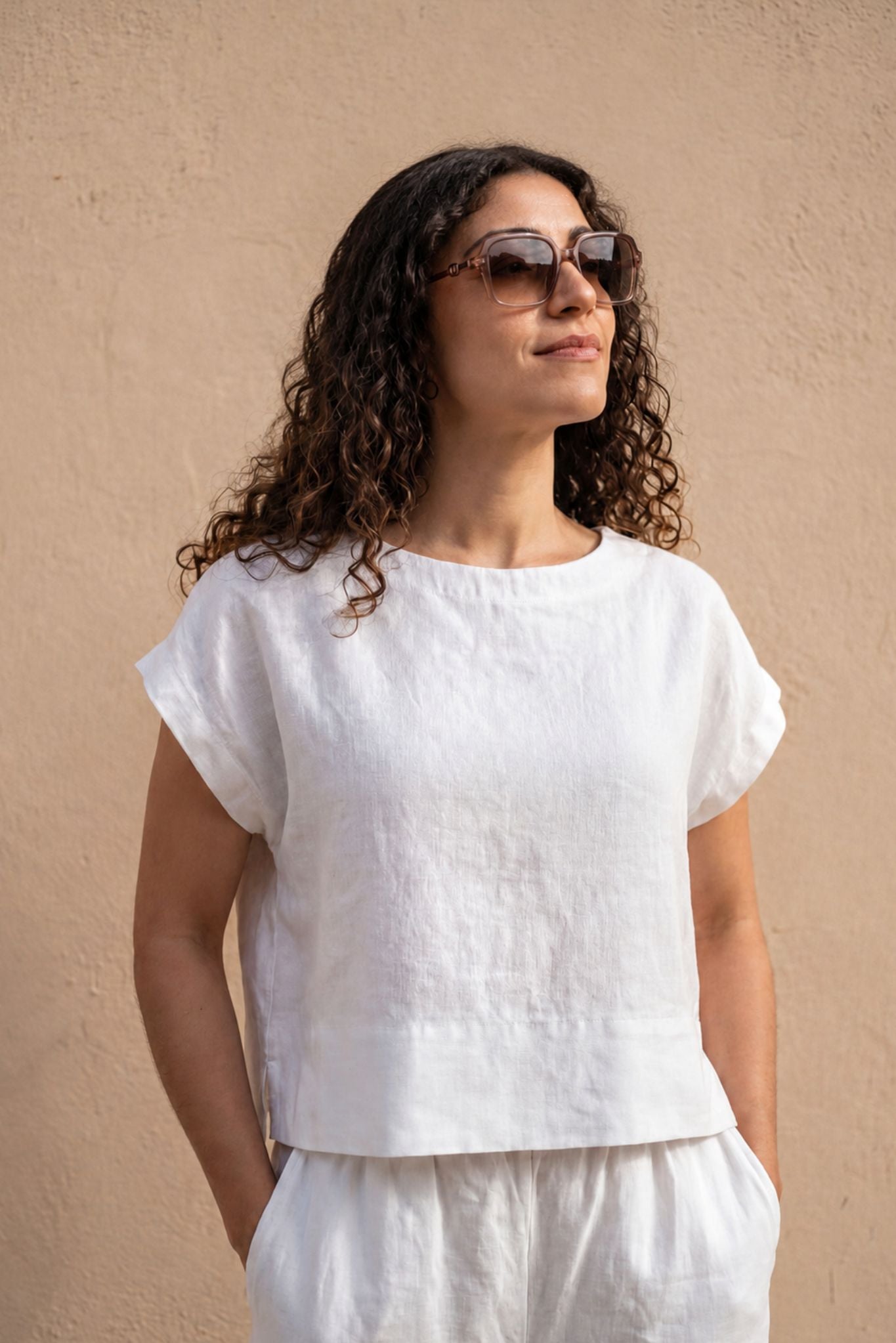 Serra Linen Boat Neck Cropped Top