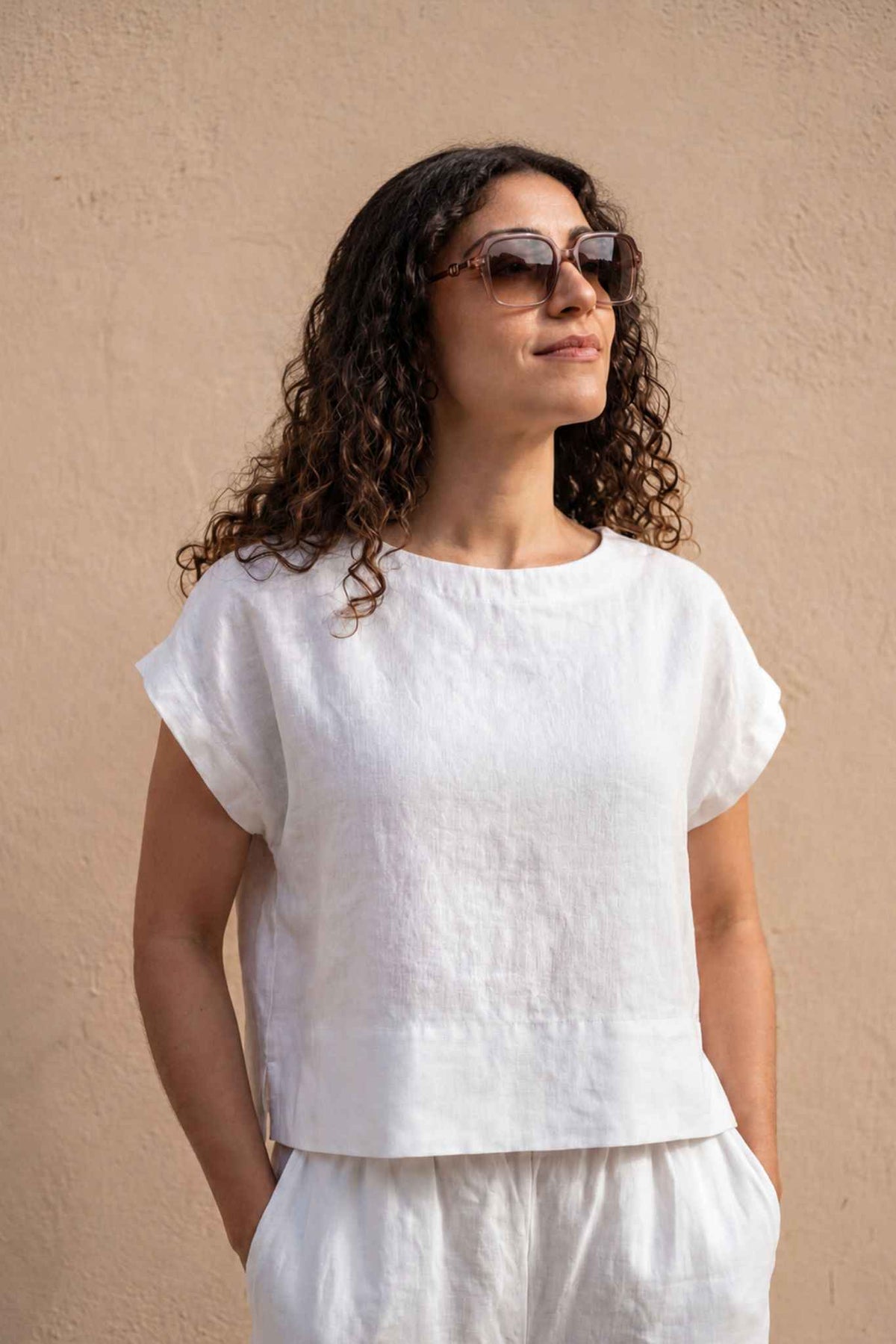 Serra Linen Boat Neck Cropped Top