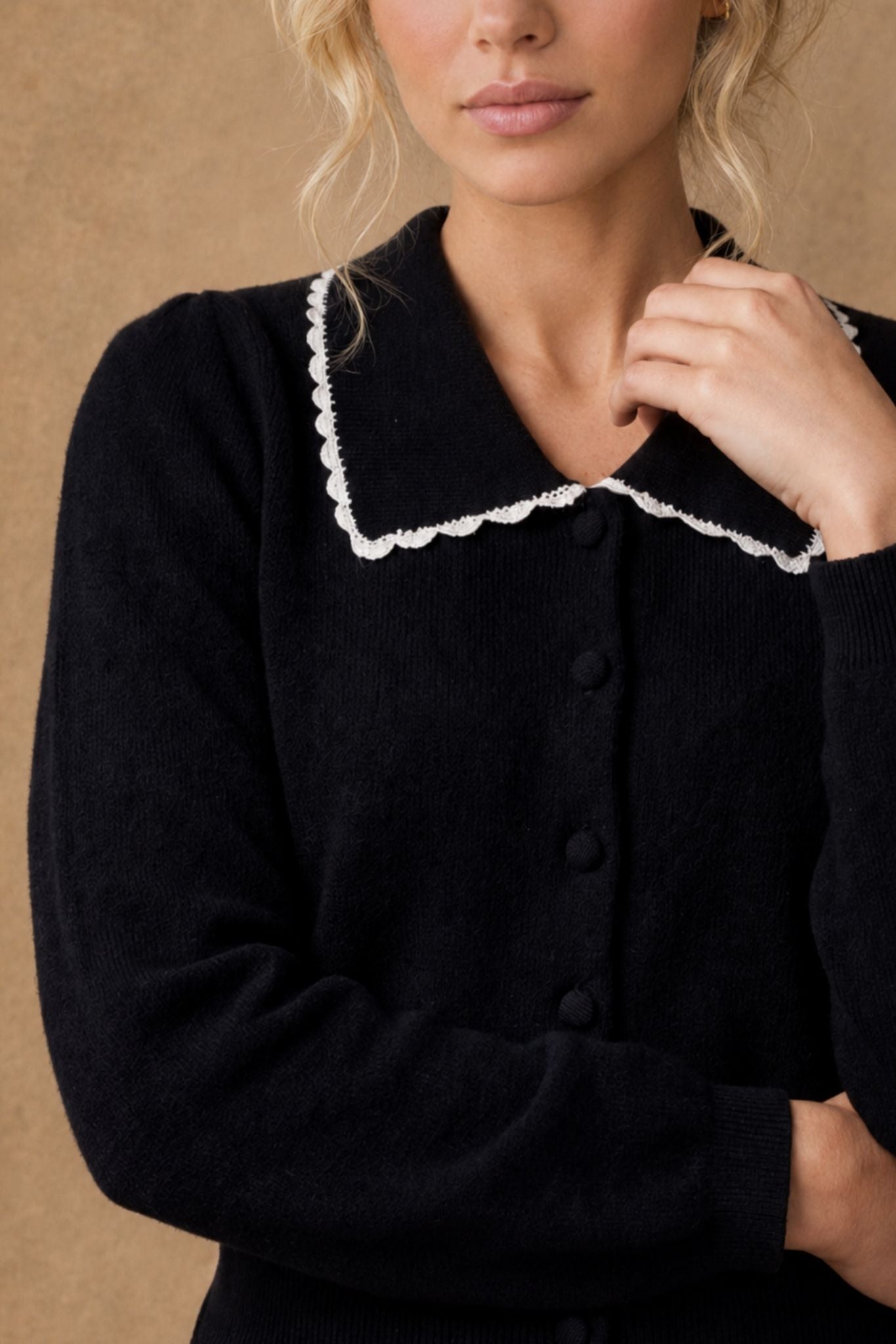 Bellamy Cashmere Collared Cardigan with Lace Trim