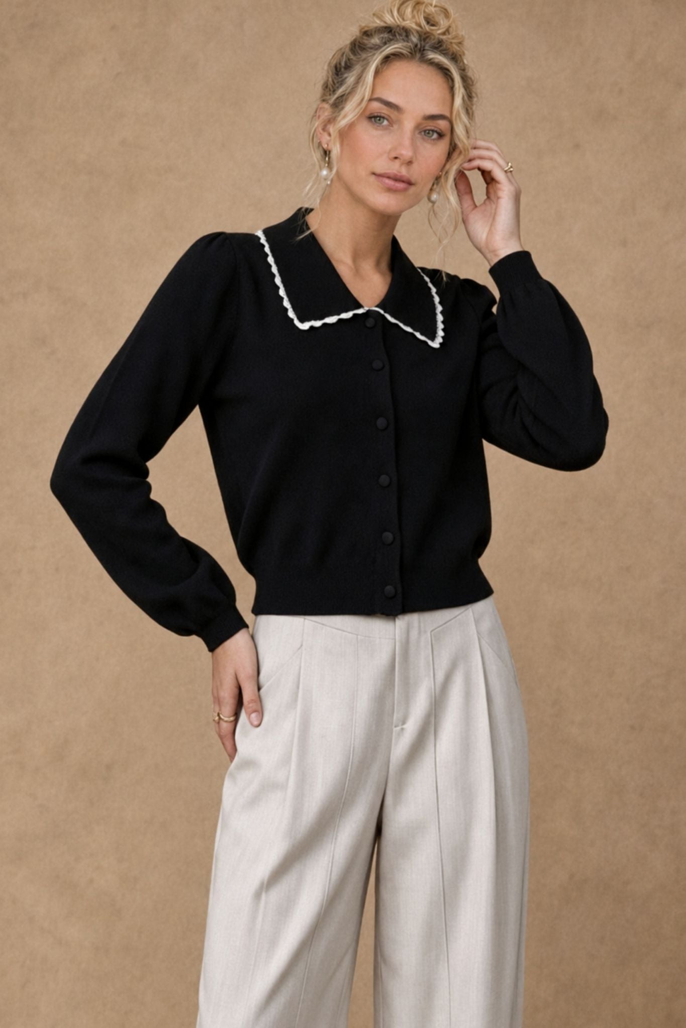 Bellamy Cashmere Collared Cardigan with Lace Trim
