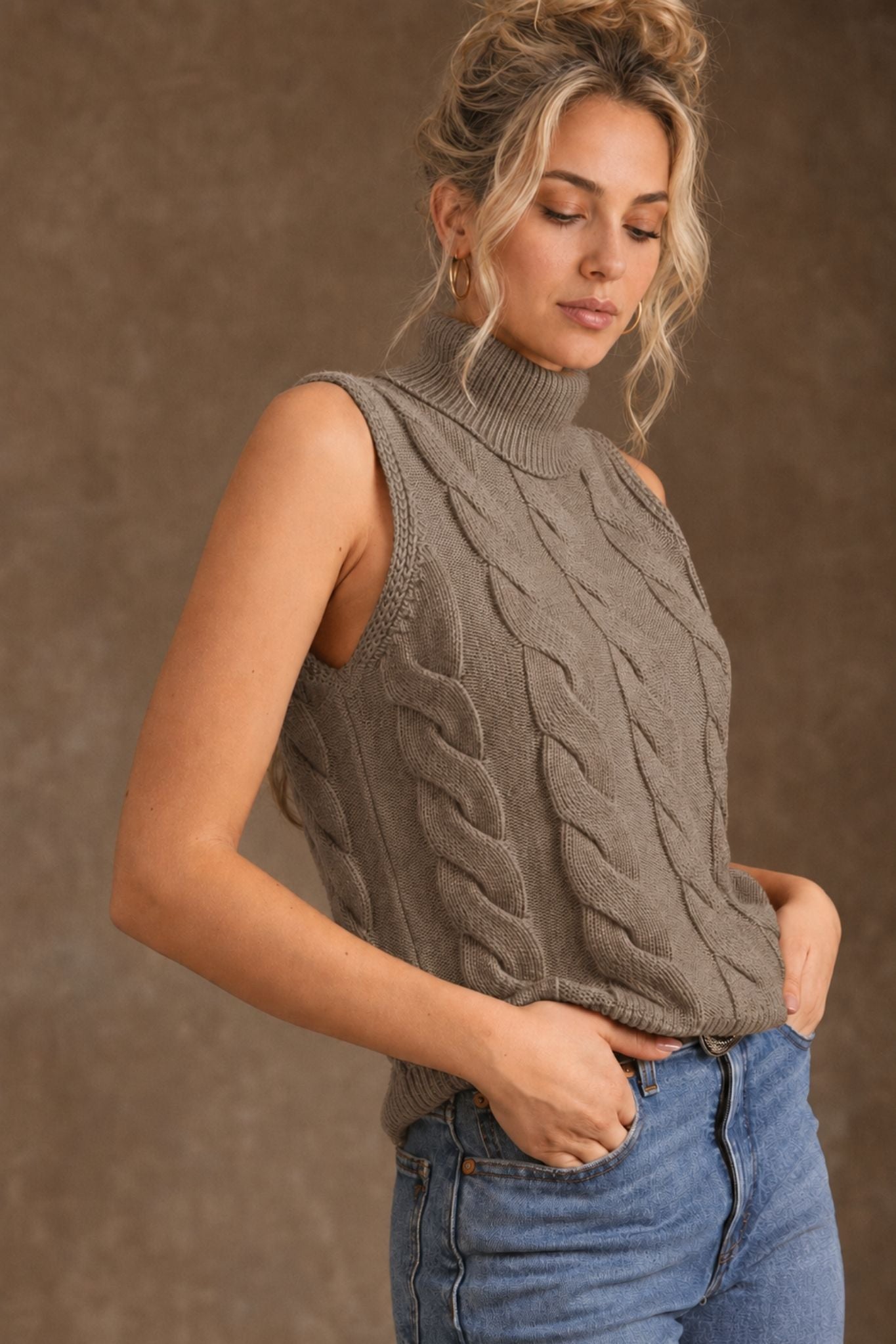 Indie Cotton Cashmere Cable Turtleneck Tank