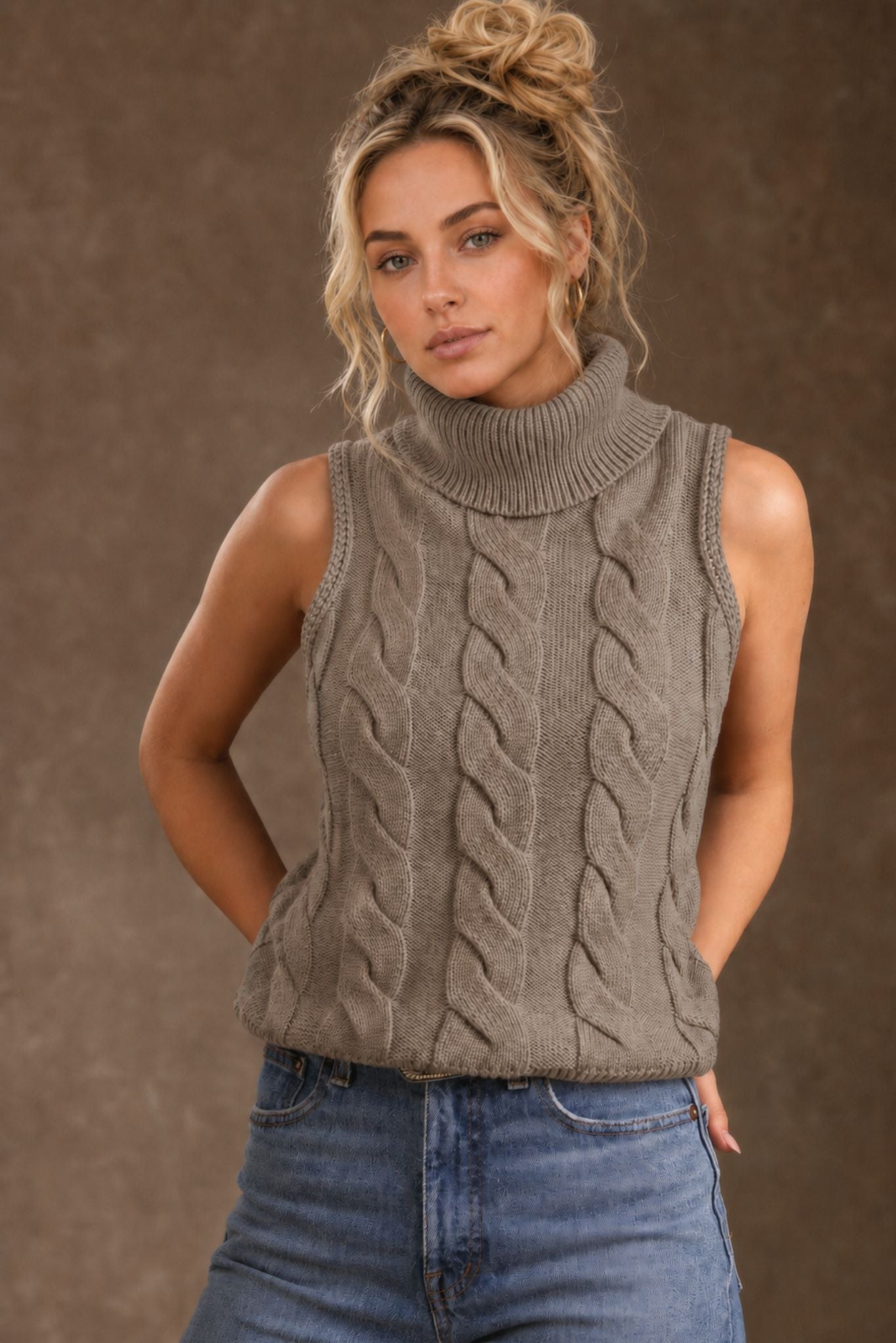 Indie Cotton Cashmere Cable Turtleneck Tank