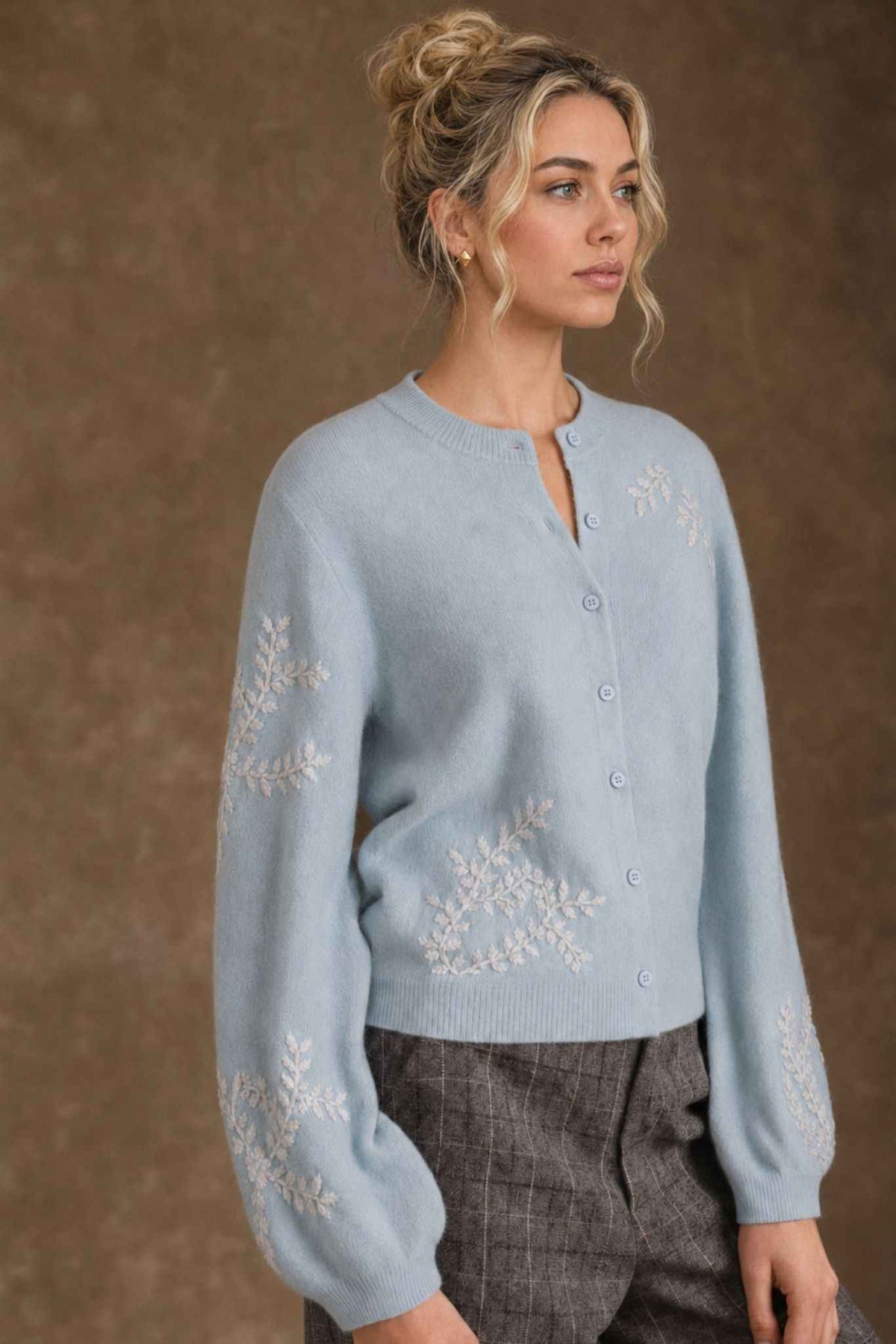 Lilah Cashmere Floral Embroidery Lantern Sleeve Cardigan