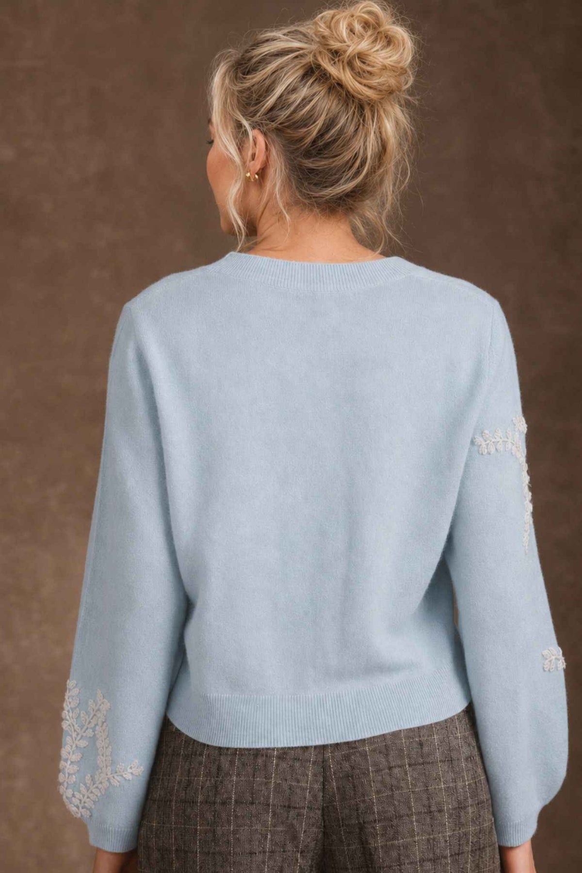 Lilah Cashmere Floral Embroidery Lantern Sleeve Cardigan