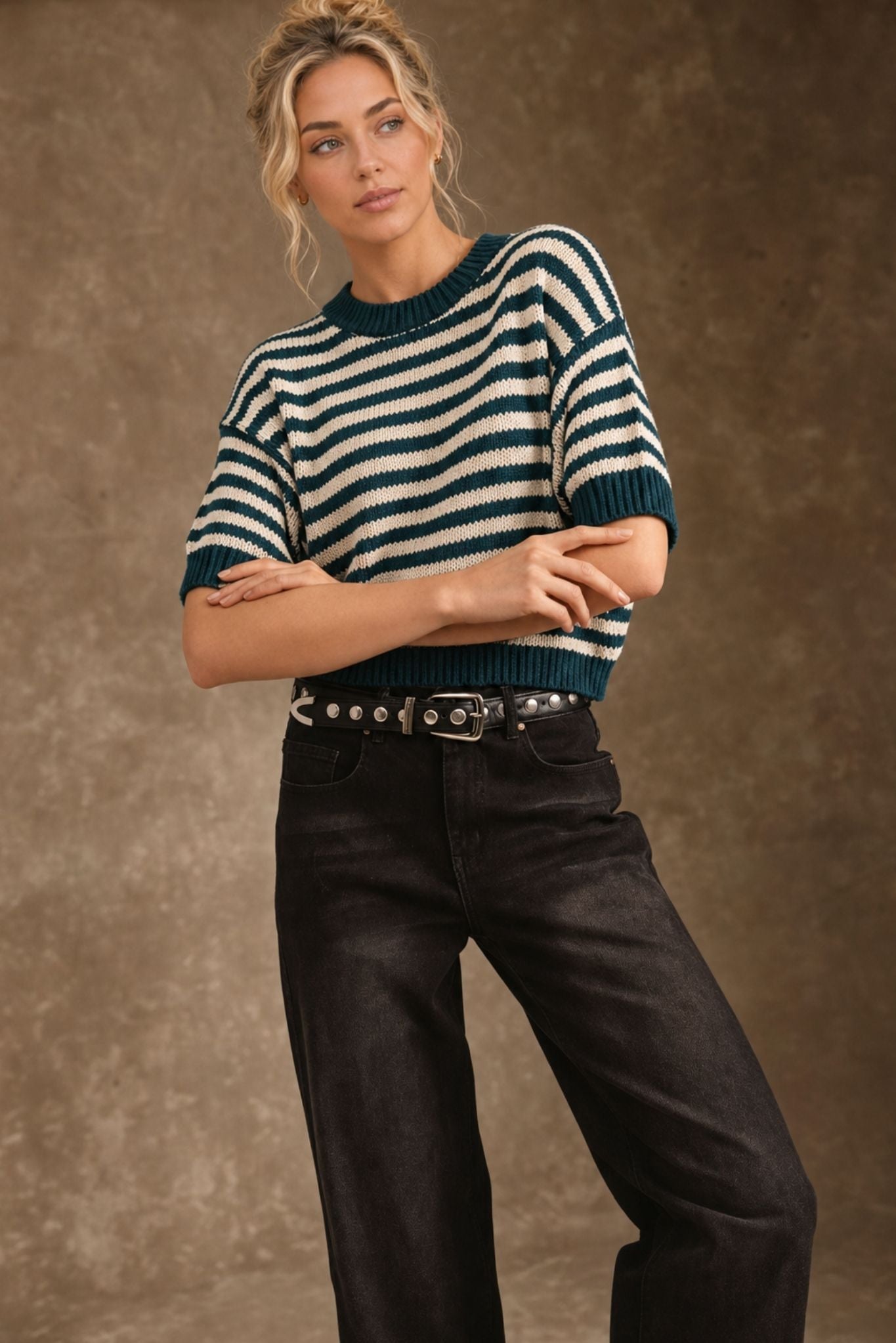 Zella Cotton Cashmere Striped Short Sleeve Pullover