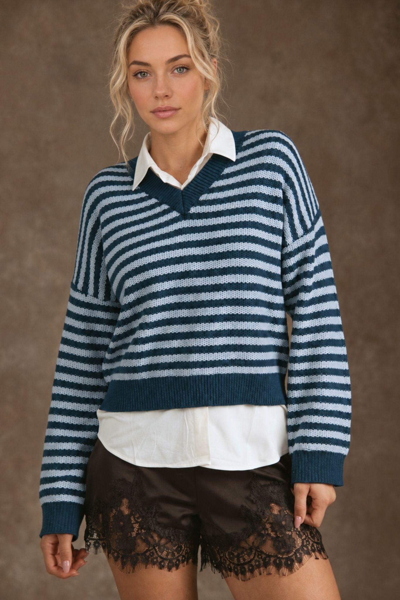 Mandee Cotton Cashmere Stripe V-Neck Pullover