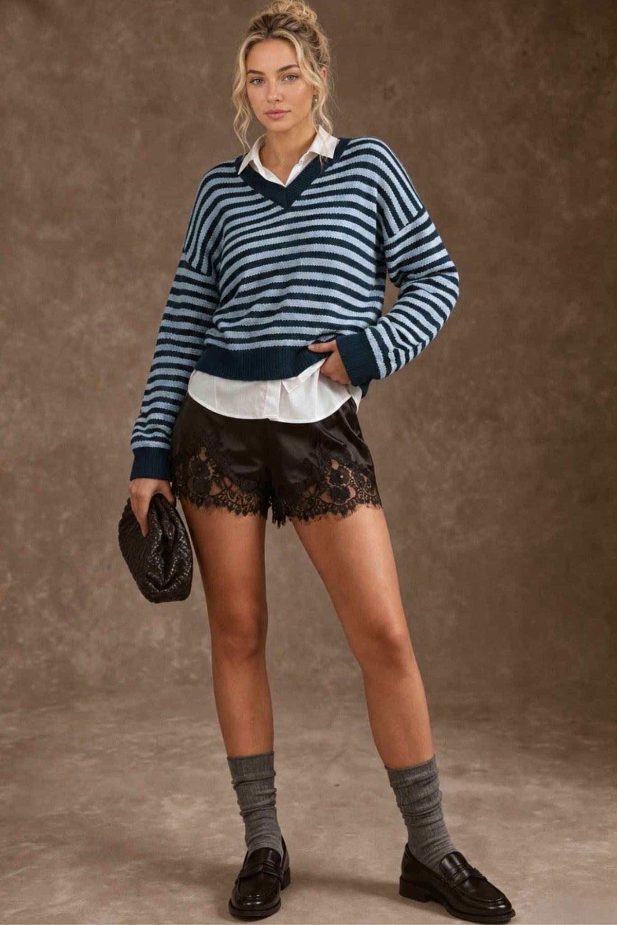 Mandee Cotton Cashmere Stripe V-Neck Pullover