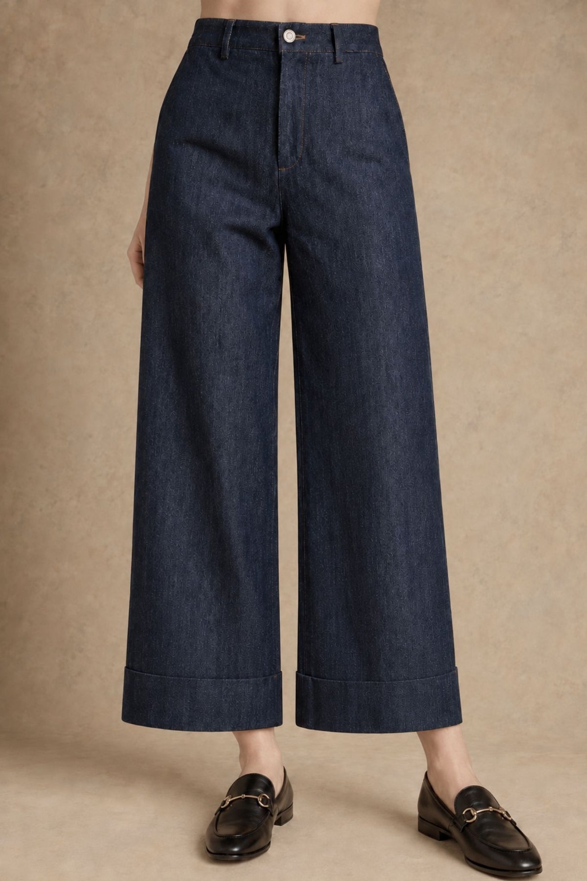 Pam Silk Cotton Wide leg Cuffed Denim Pant