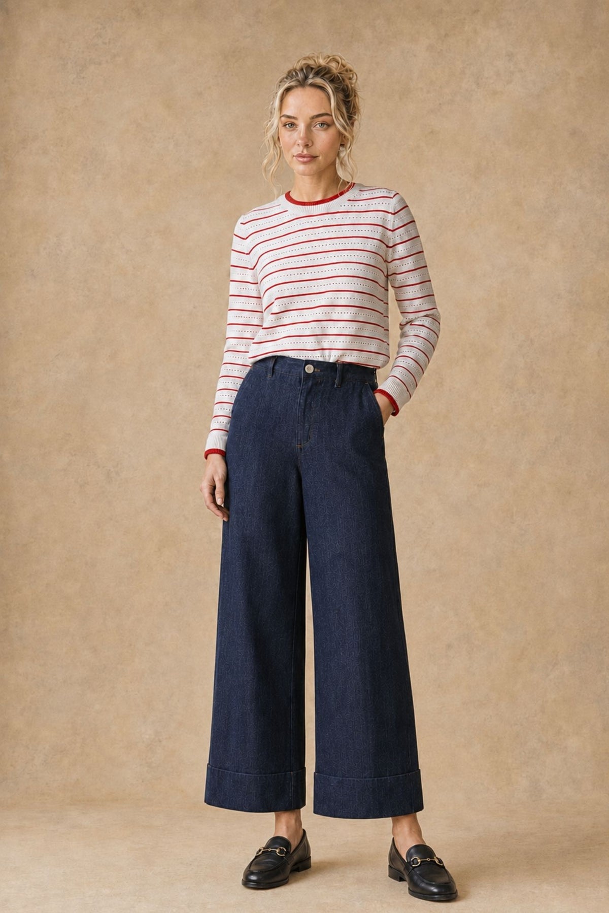 Pam Silk Cotton Wide leg Cuffed Denim Pant