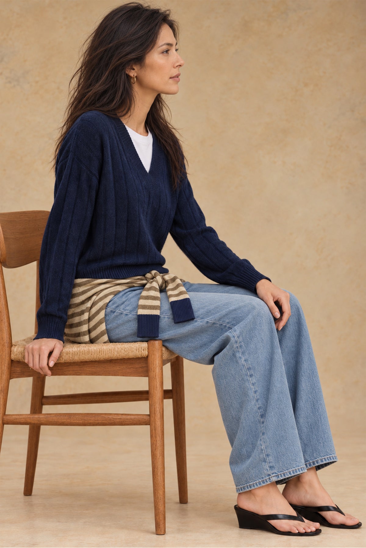 Daniella Cashmere Ribbed V-Neck Pullover