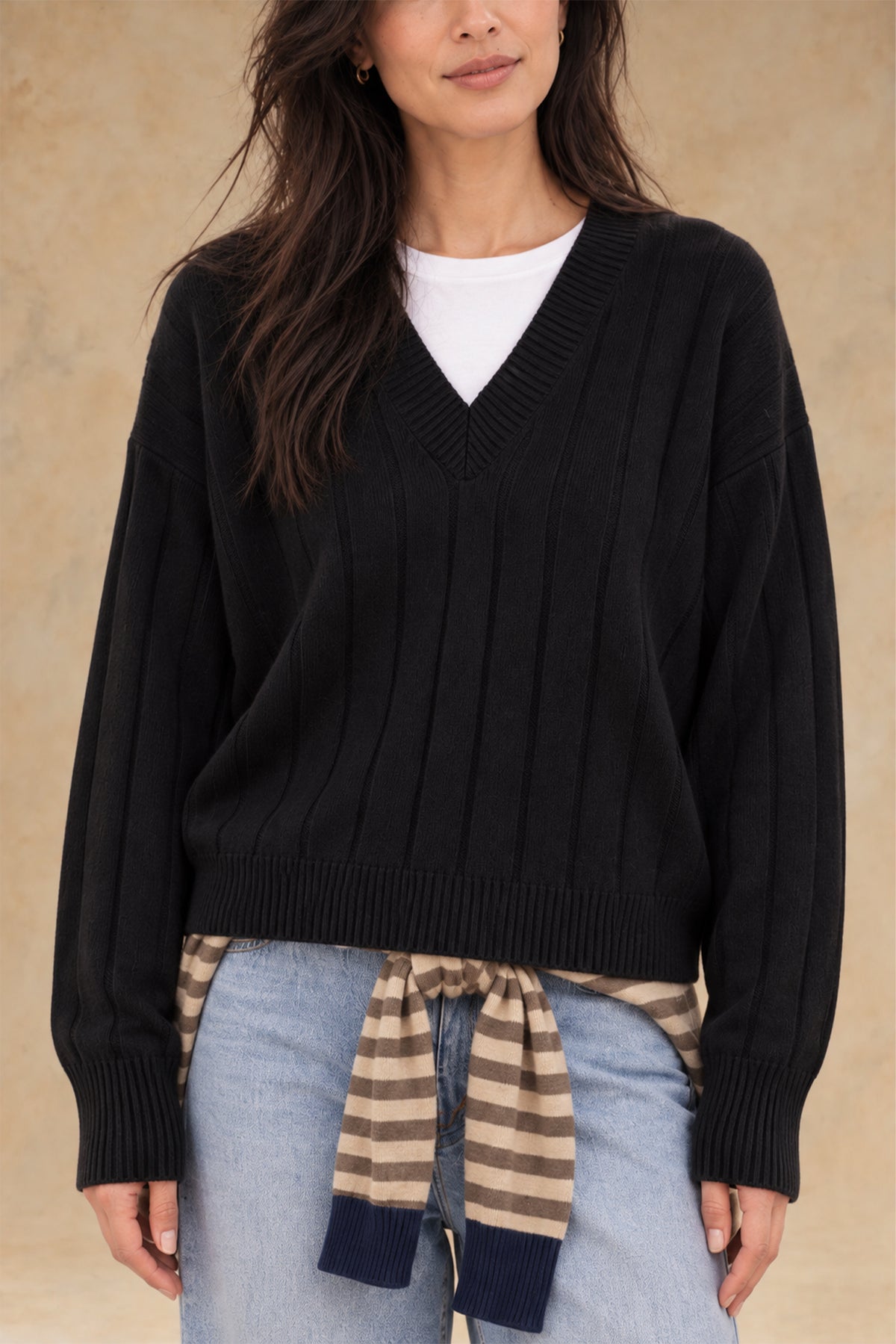 Daniella Cashmere Ribbed V-Neck Pullover