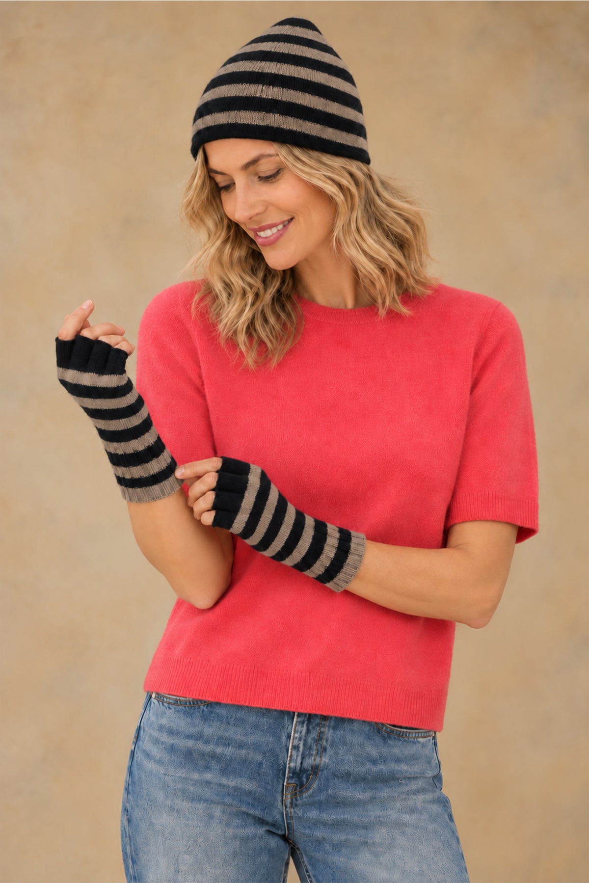 Elsa Beanie Cashmere Contrast-Stripe Beanie