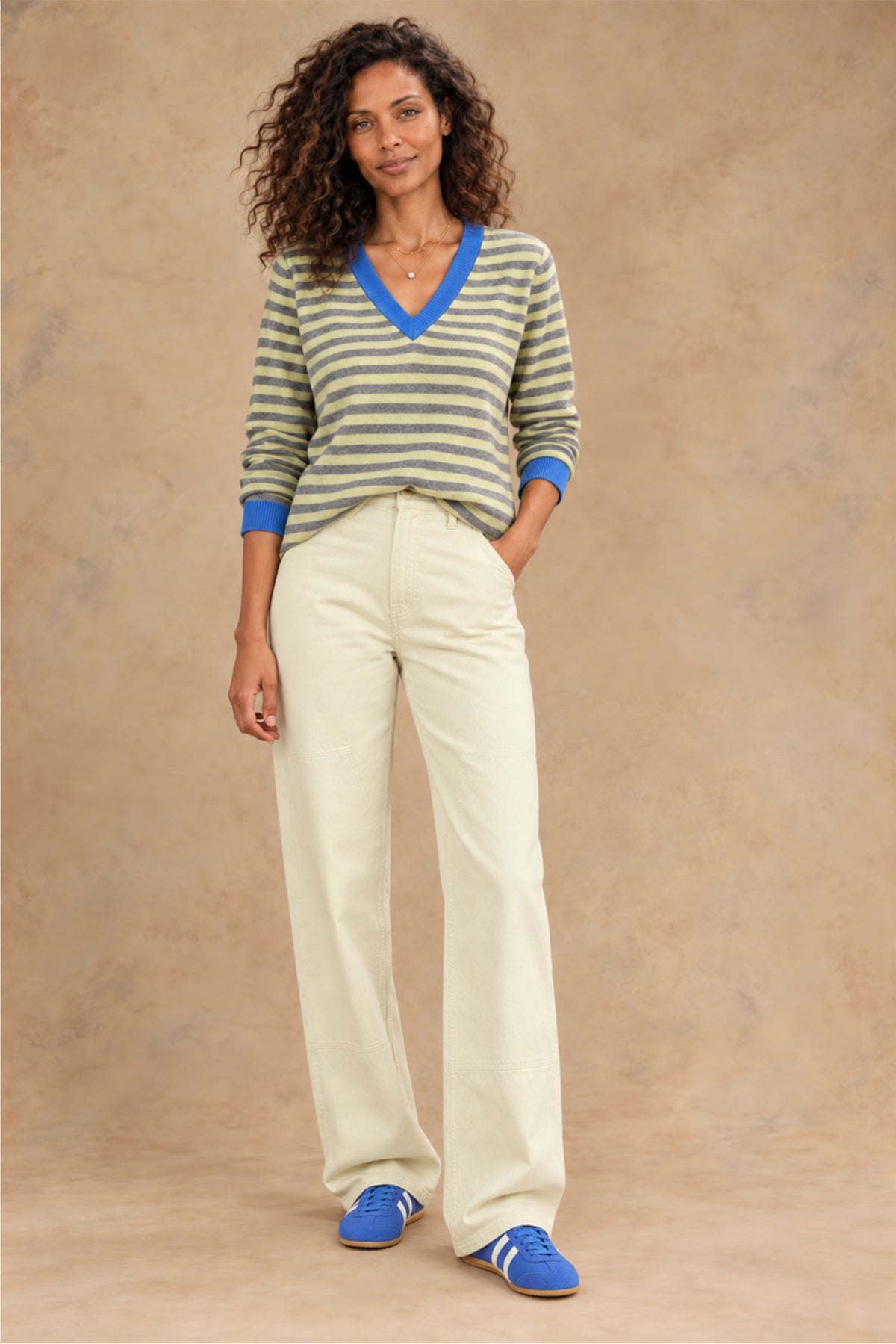 Haylie Cashmere Contrast-Stripe V-Neck Pullover