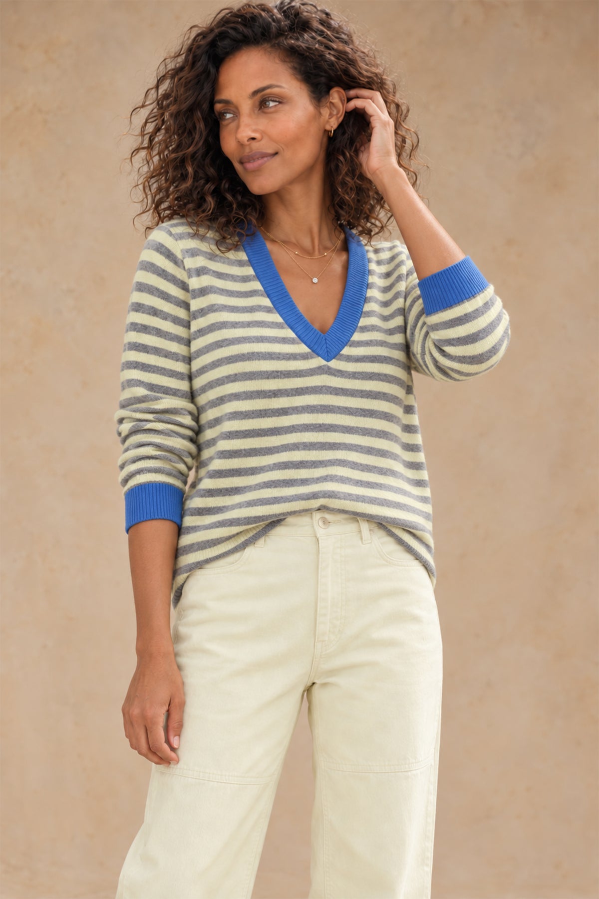 Haylie Cashmere Contrast-Stripe V-Neck Pullover
