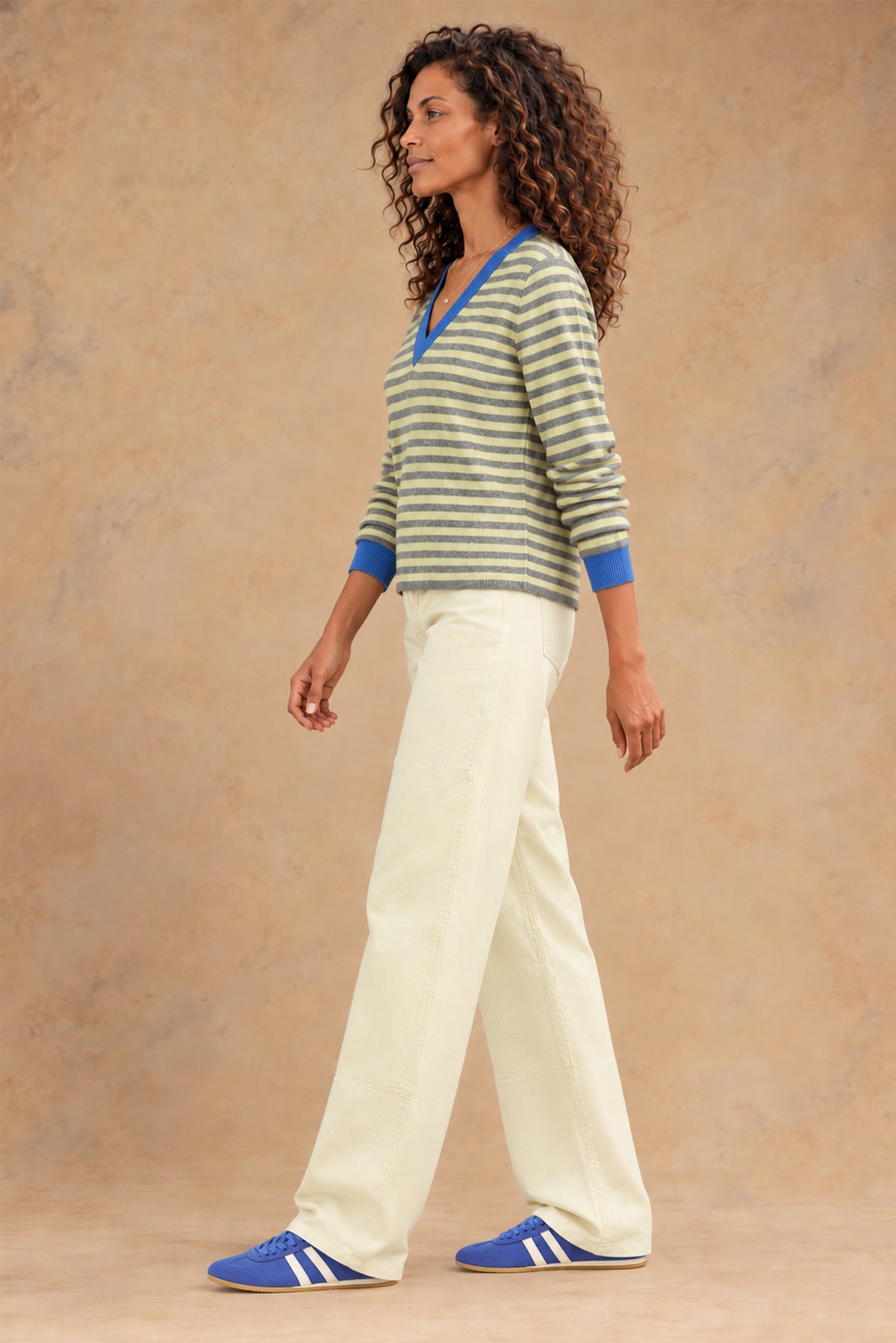 Haylie Cashmere Contrast-Stripe V-Neck Pullover