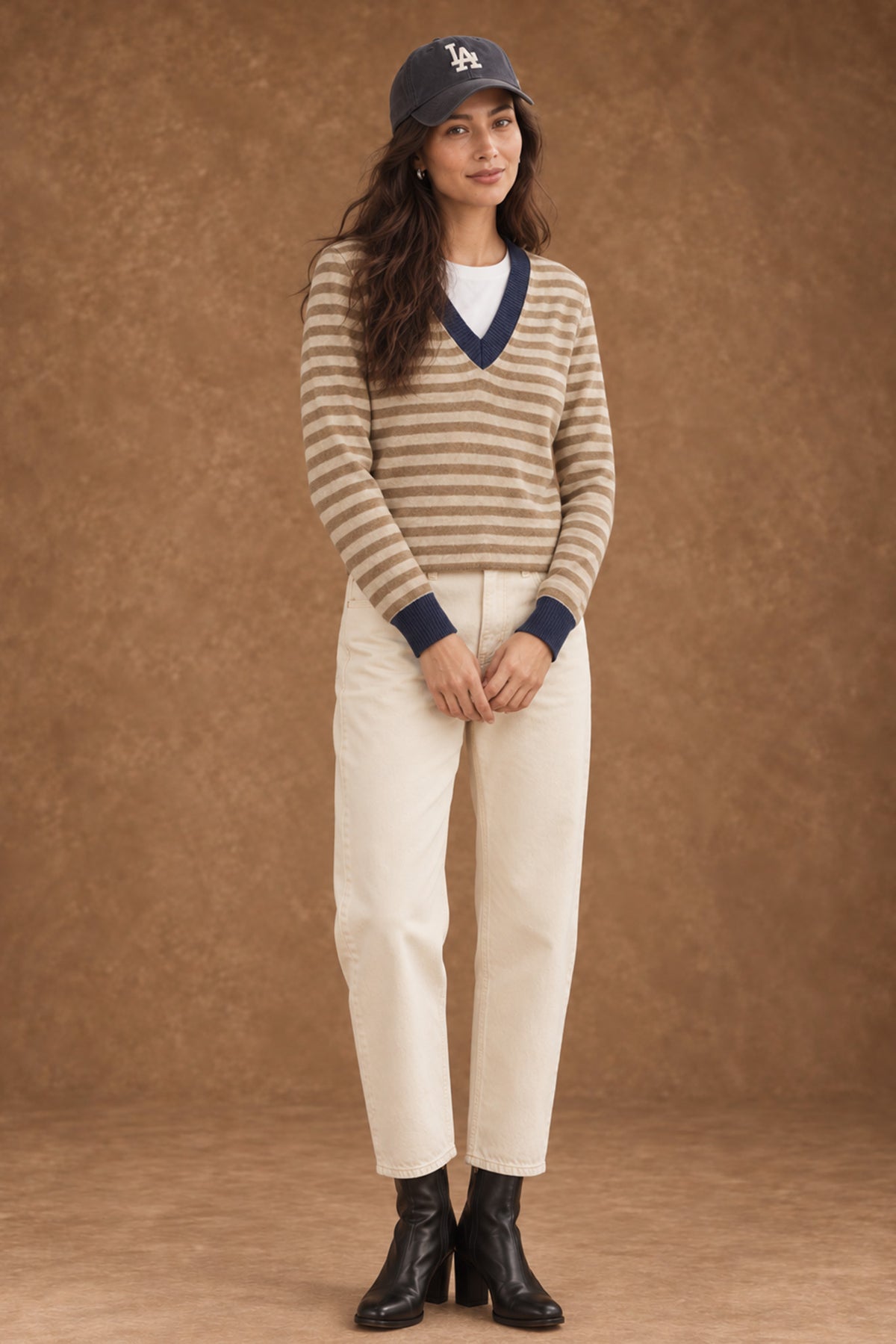 Haylie Cashmere Contrast-Stripe V-Neck Pullover