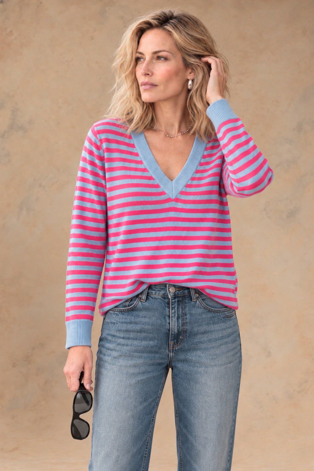 Haylie Cashmere Contrast-Stripe V-Neck Pullover