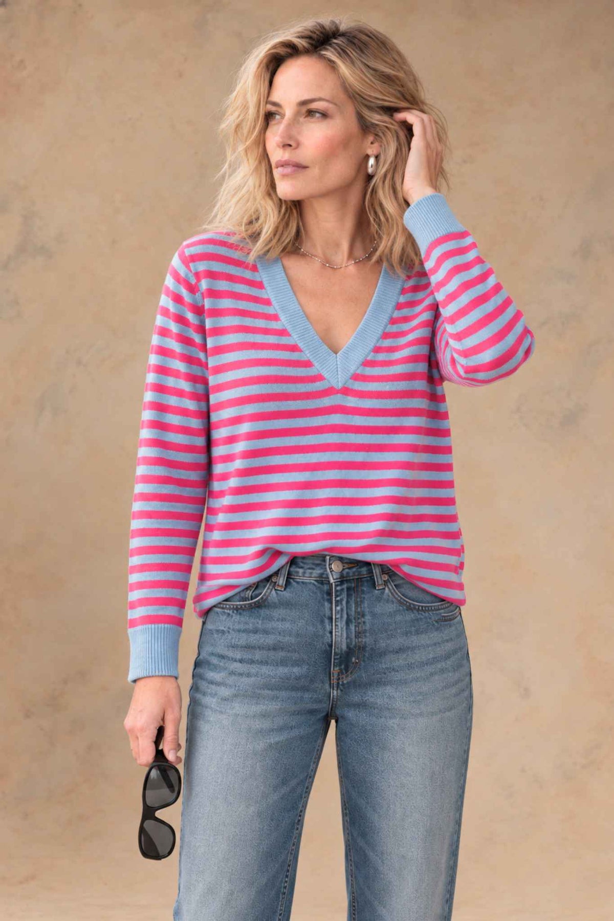 Haylie Cashmere Contrast-Stripe V-Neck Pullover
