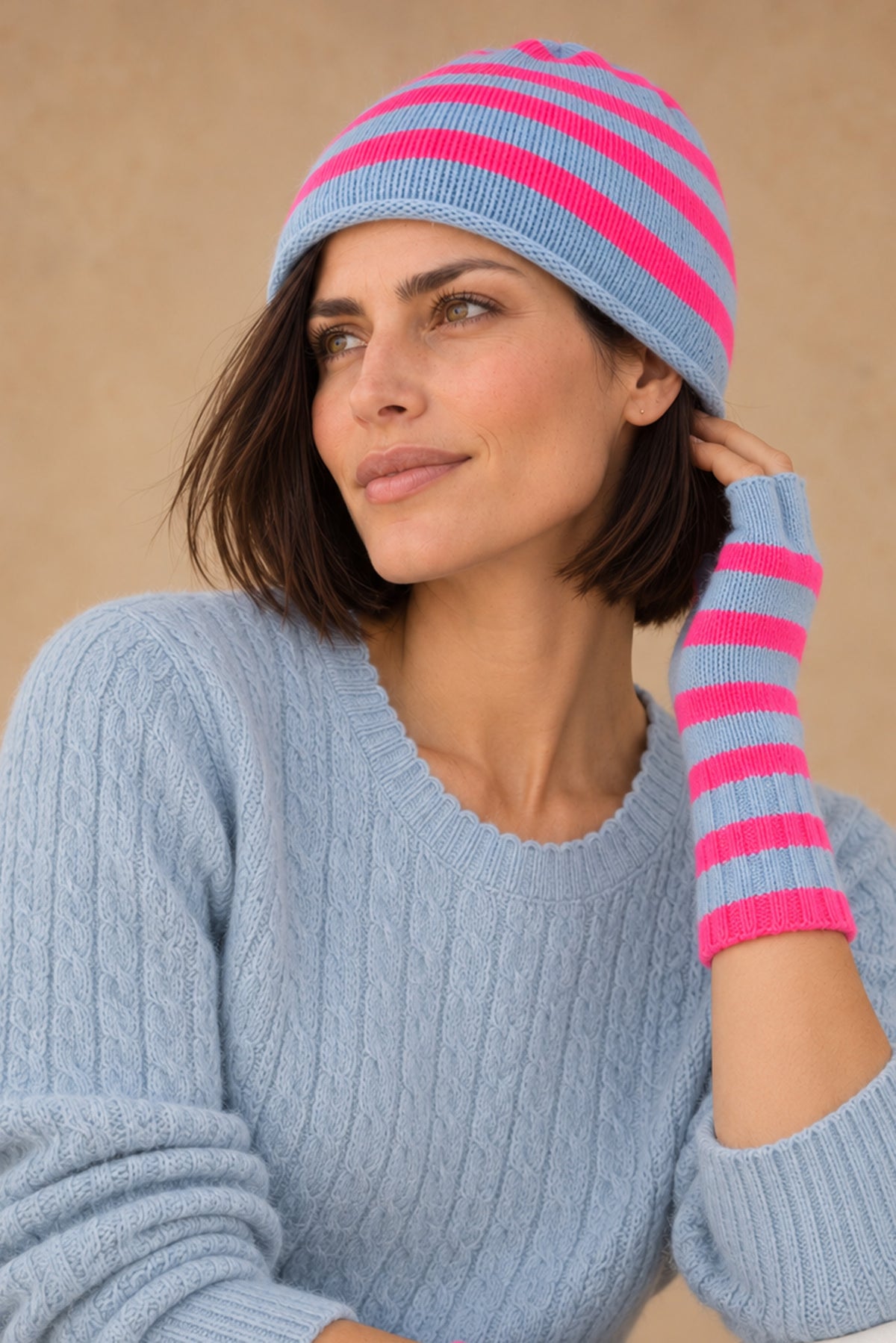 Elsa Beanie Cashmere Contrast-Stripe Beanie