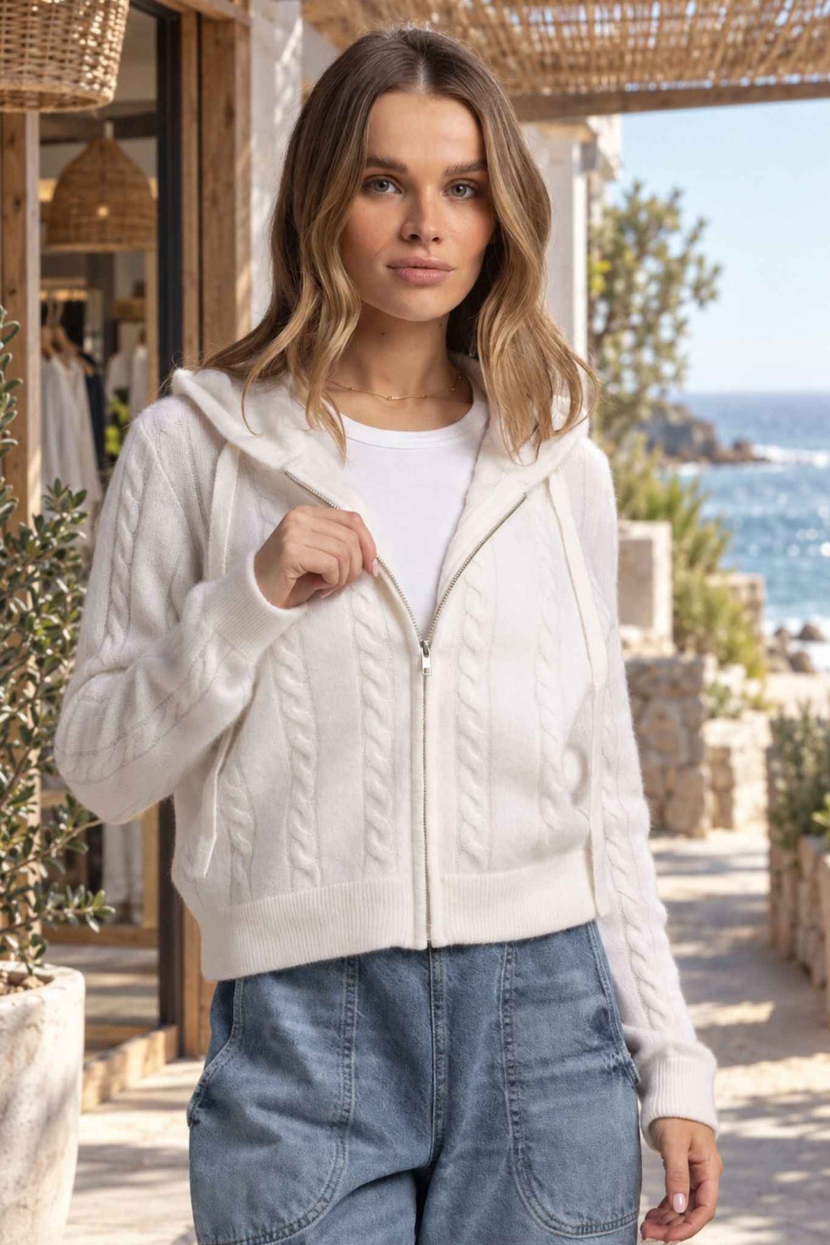 Anisa Cashmere Blend Cable Zip Hoodie