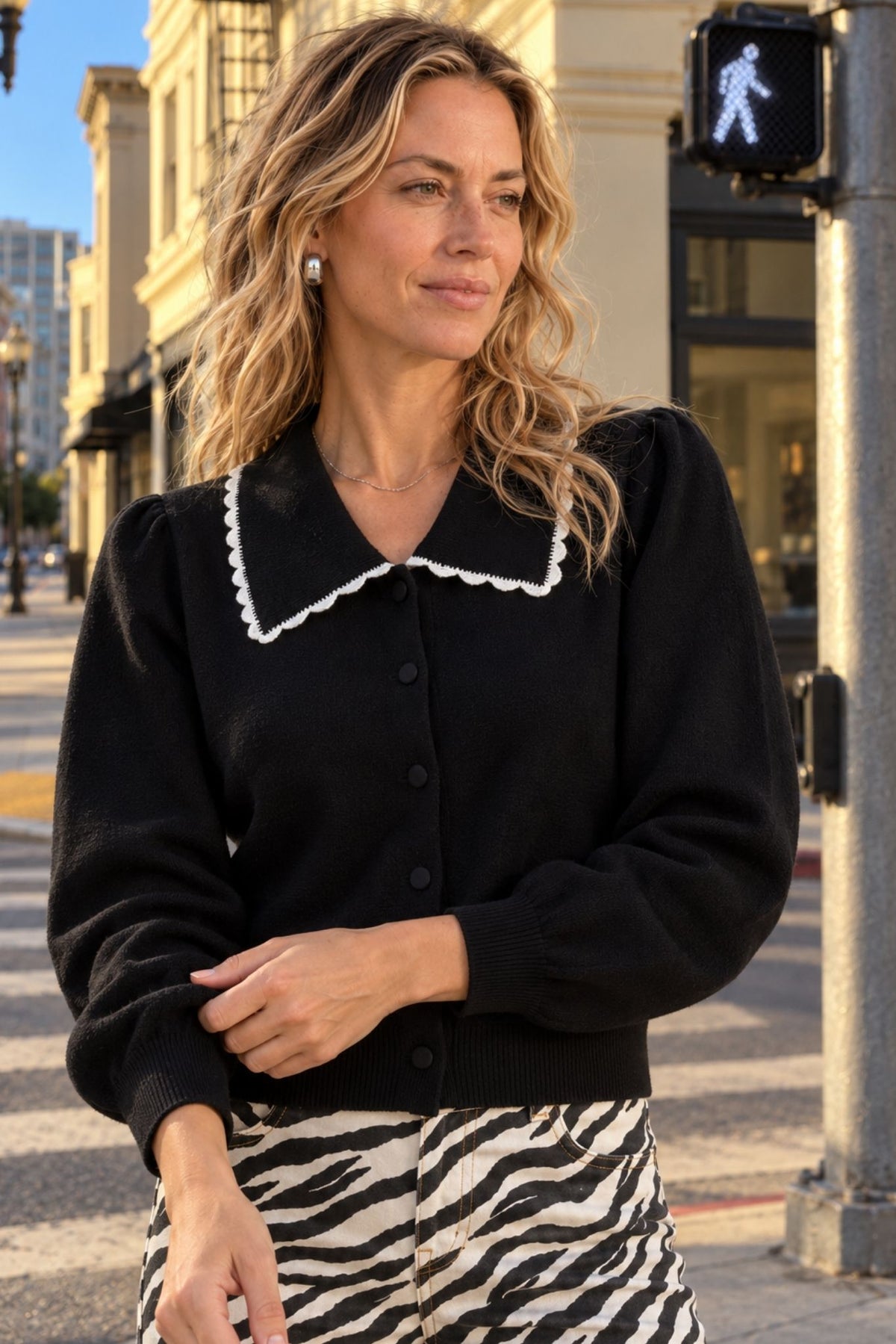 Bellamy Cashmere Collared Cardigan with Lace Trim
