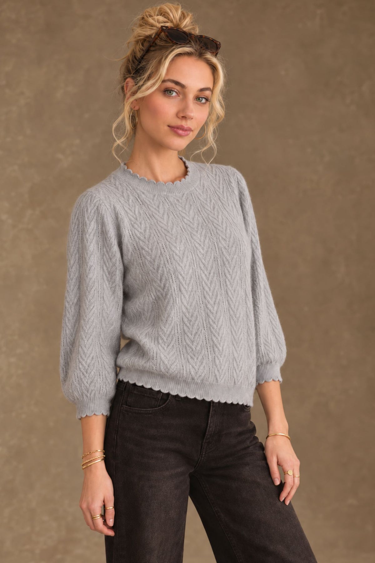 Charlene 3/4 Sleeve Textured Crewneck
