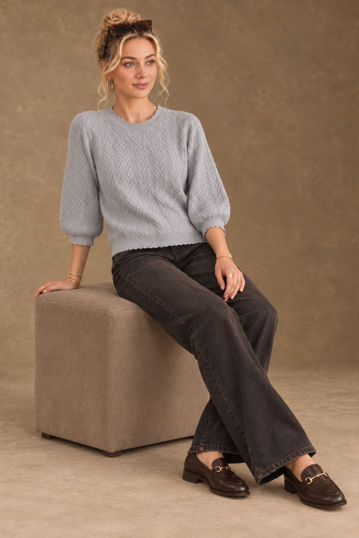 Charlene 3/4 Sleeve Textured Crewneck