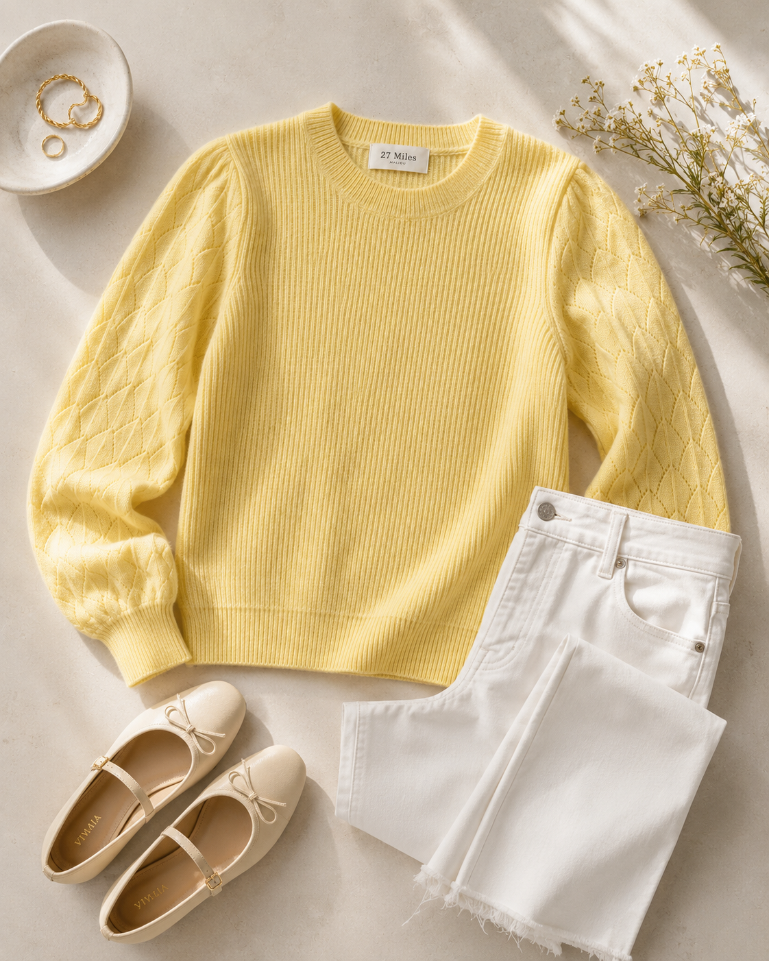 Hinnen Cashmere Crewneck with Pointelle on Sleeves
