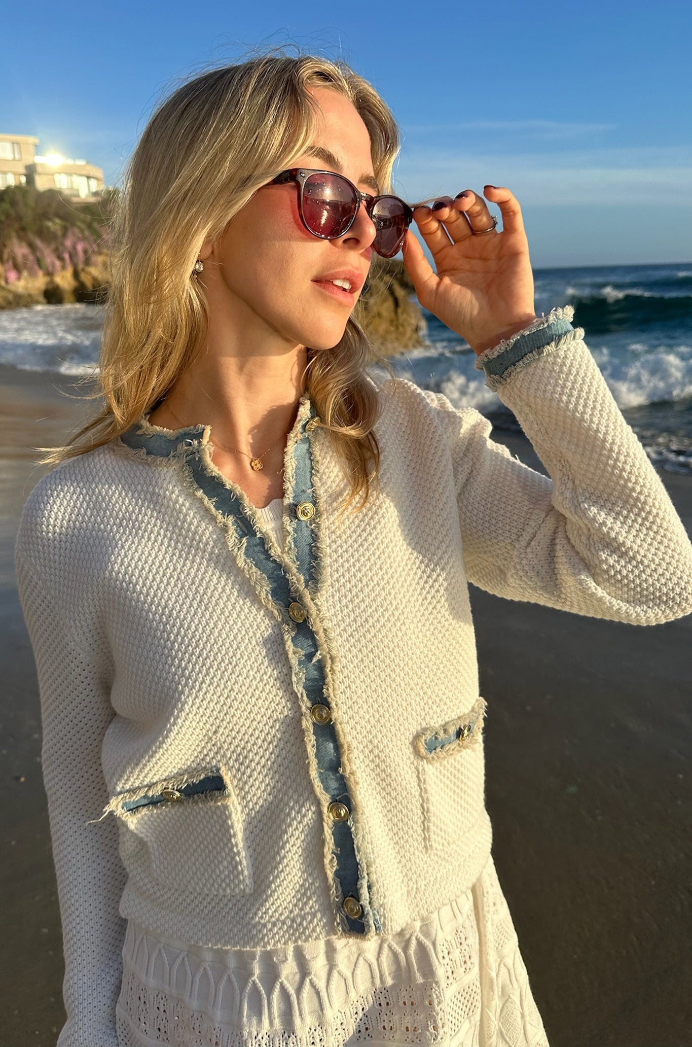 Sutton Cotton Lady Cardiga with Denim Trim