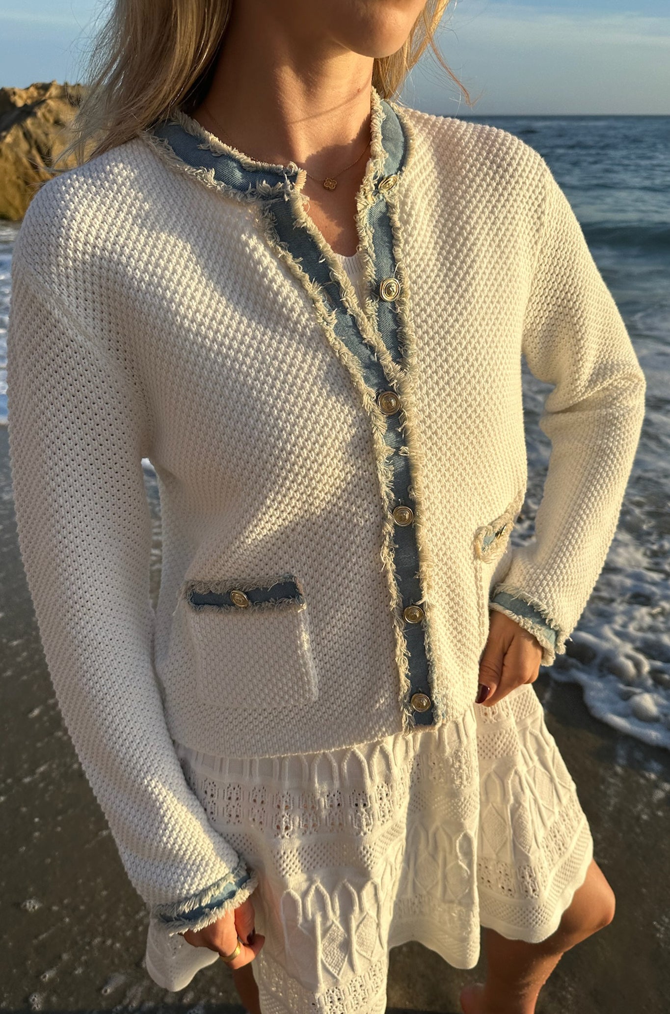 Sutton Cotton Lady Cardiga with Denim Trim