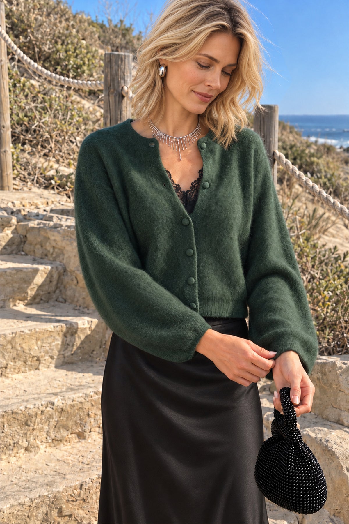 Ivy Brush Cashmere Lantern Sleeve Cardigan