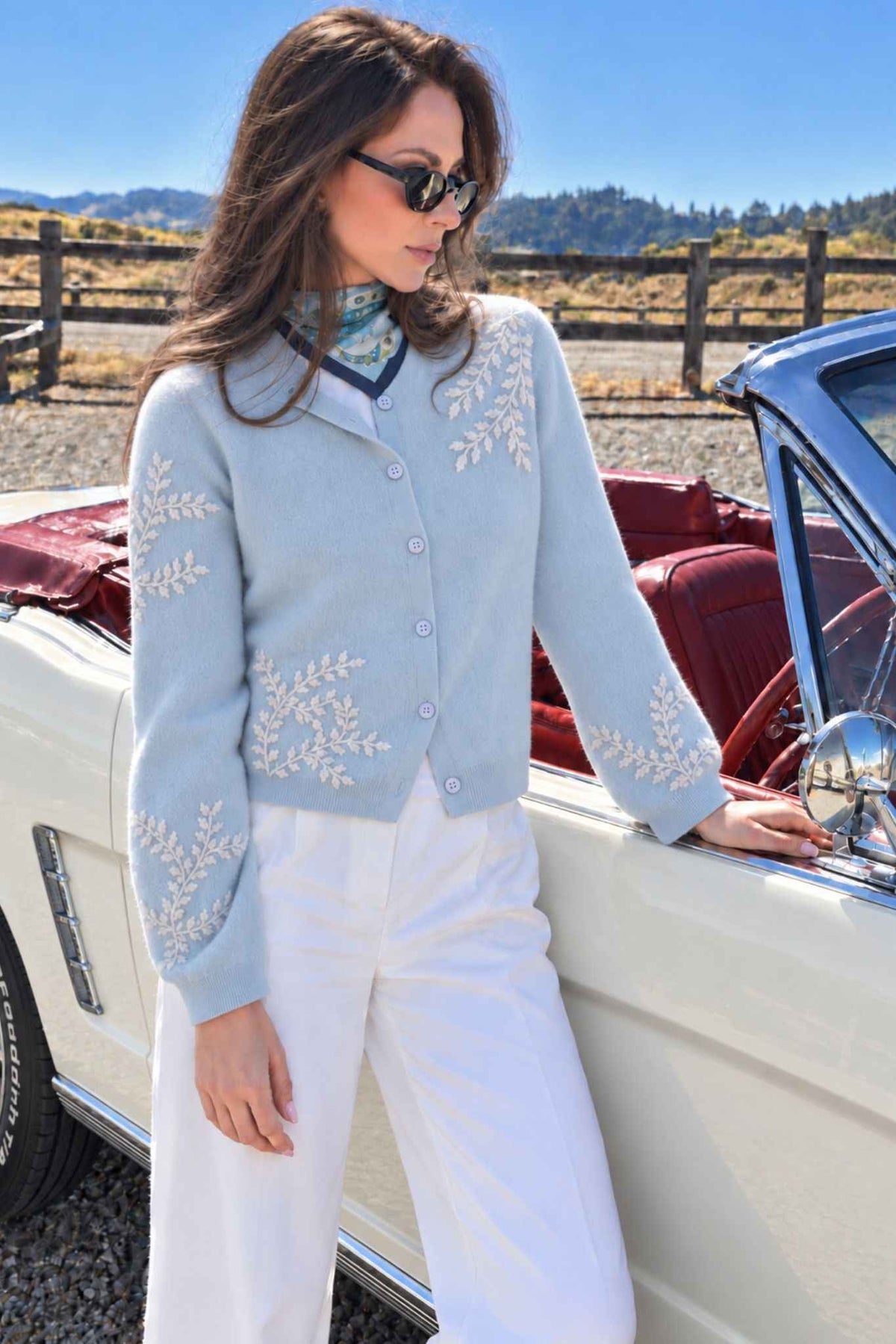 Lilah Cashmere Floral Embroidery Lantern Sleeve Cardigan