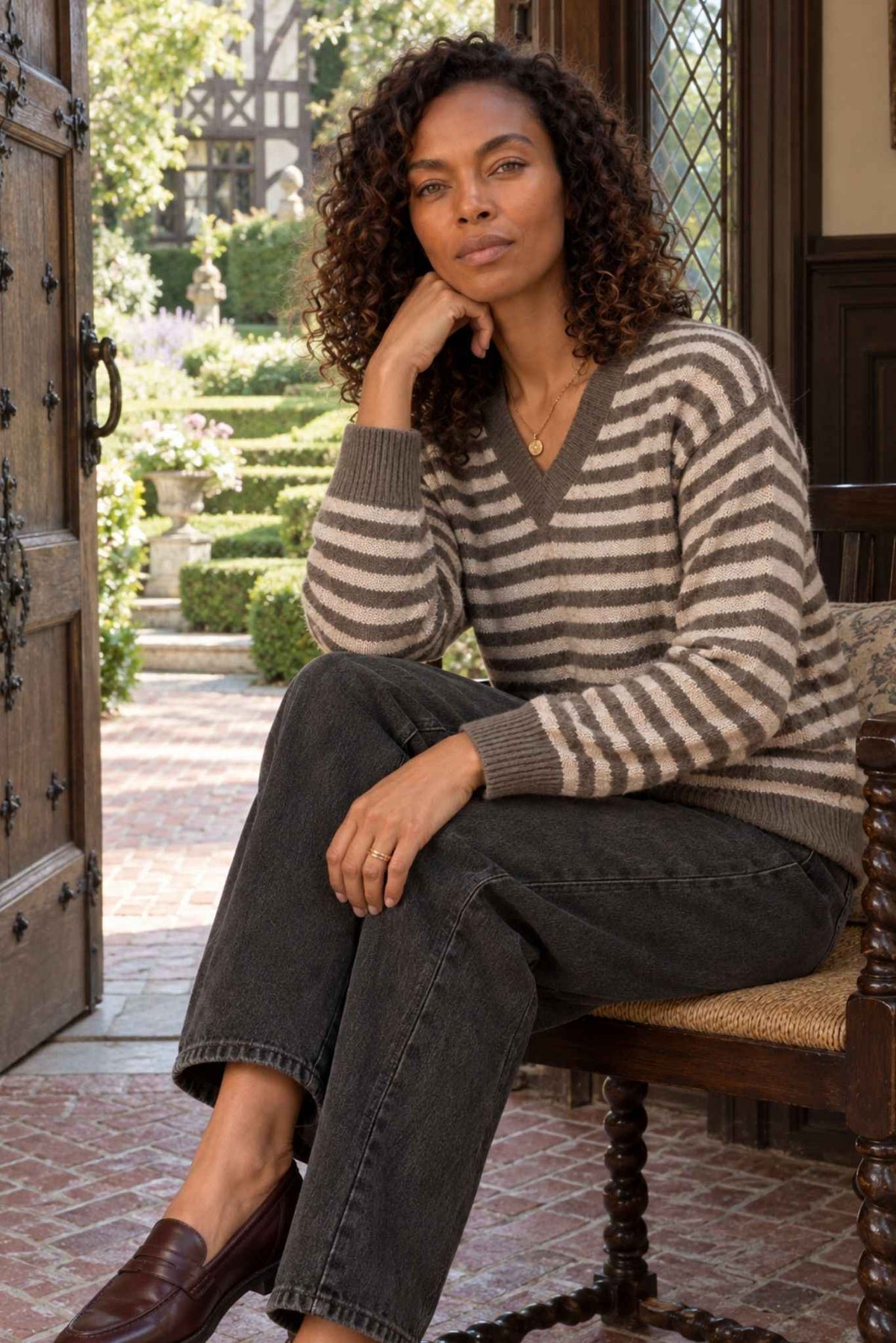 Mandee Cotton Cashmere Stripe V-Neck Pullover