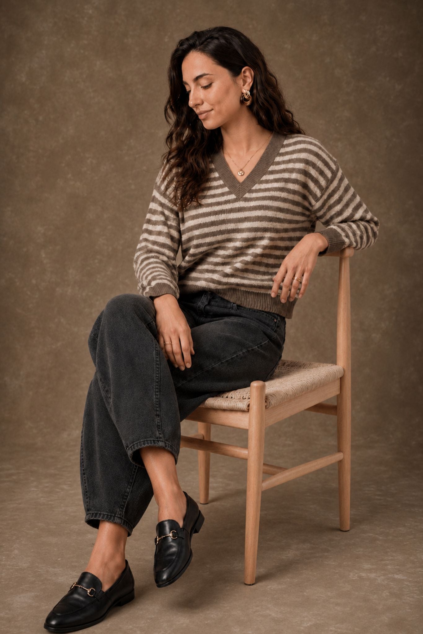 Mandee Cotton Cashmere Stripe V-Neck Pullover