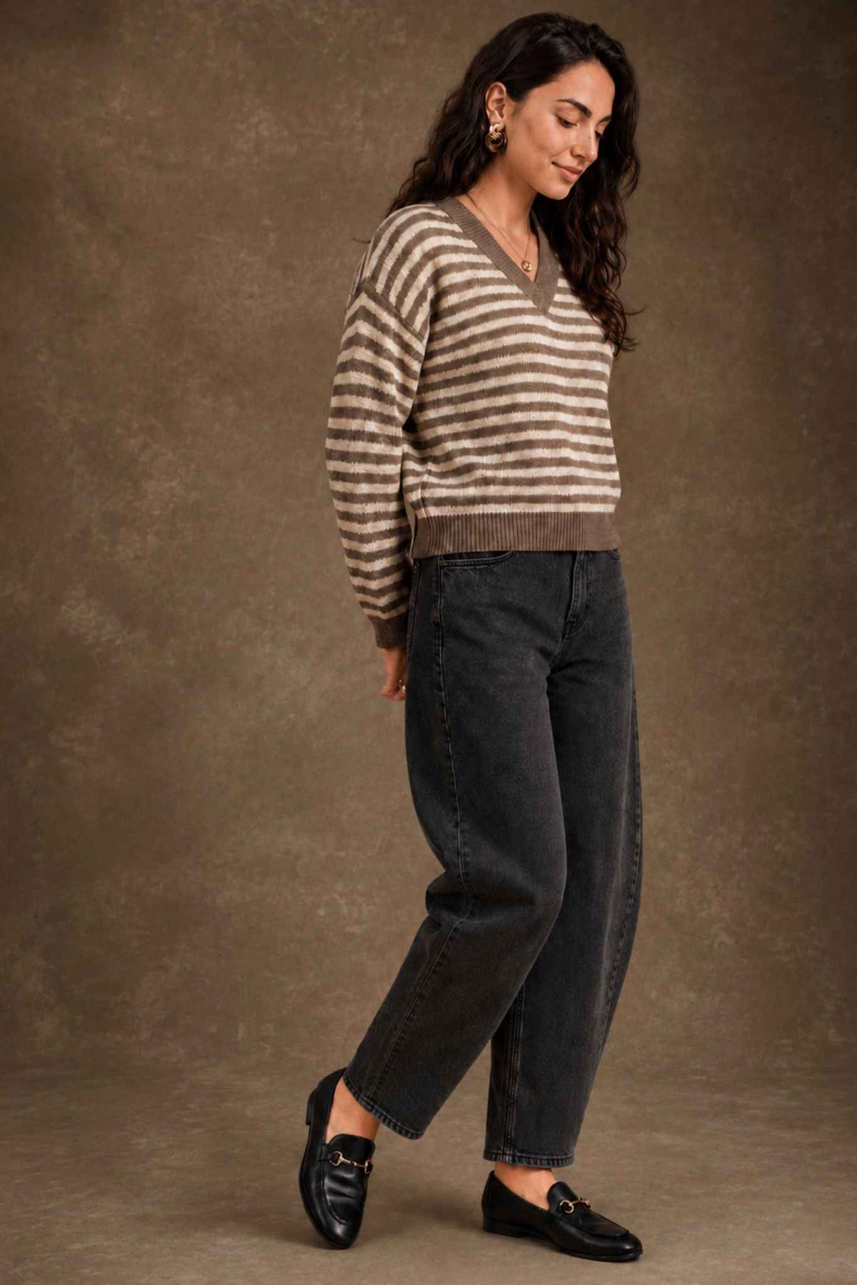 Mandee Cotton Cashmere Stripe V-Neck Pullover